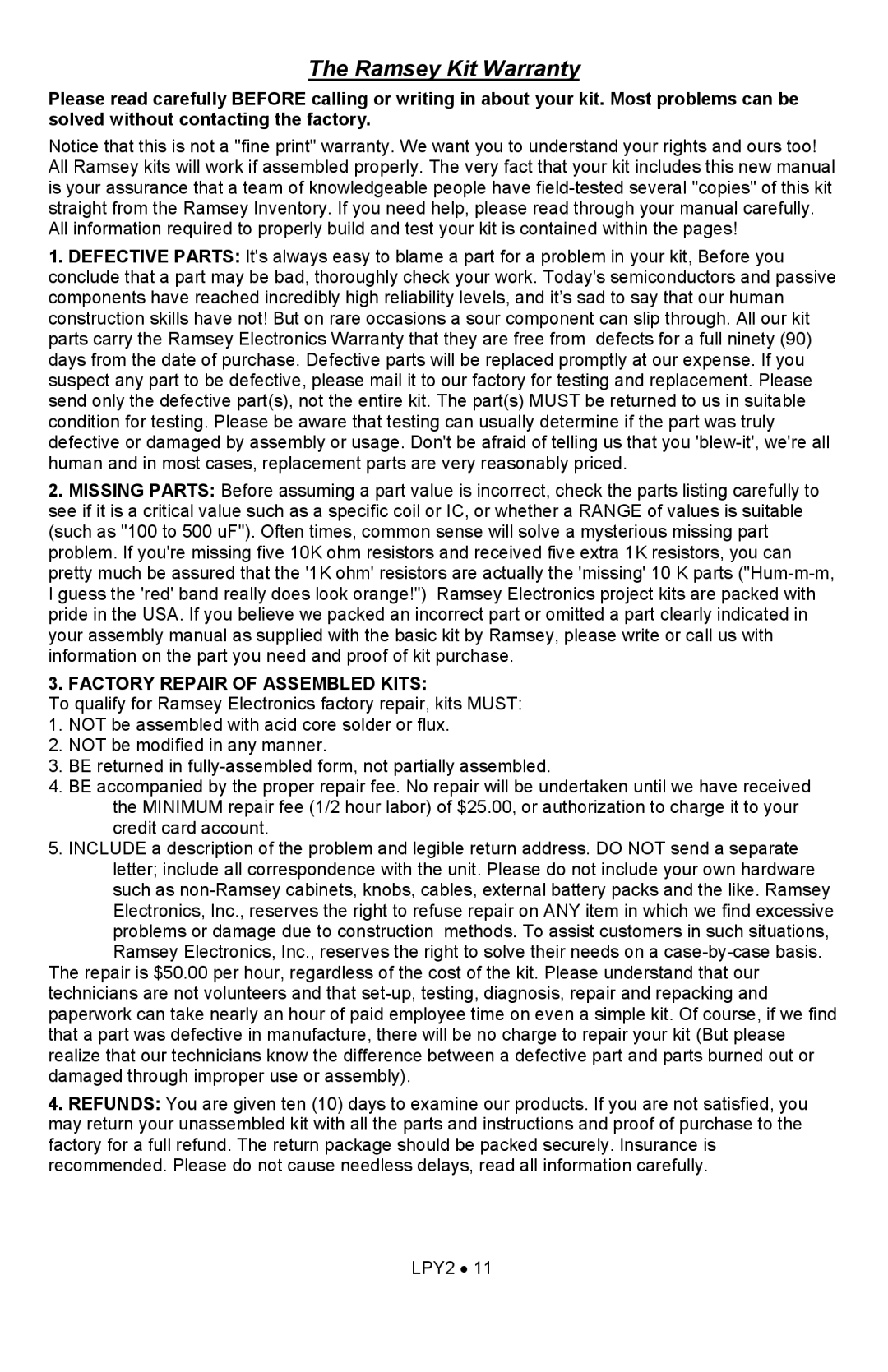 Ramsey Electronics LPY2 manual Ramsey Kit Warranty 