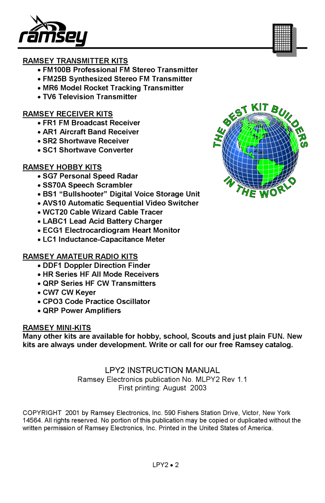 Ramsey Electronics LPY2 manual Ramsey Transmitter Kits 