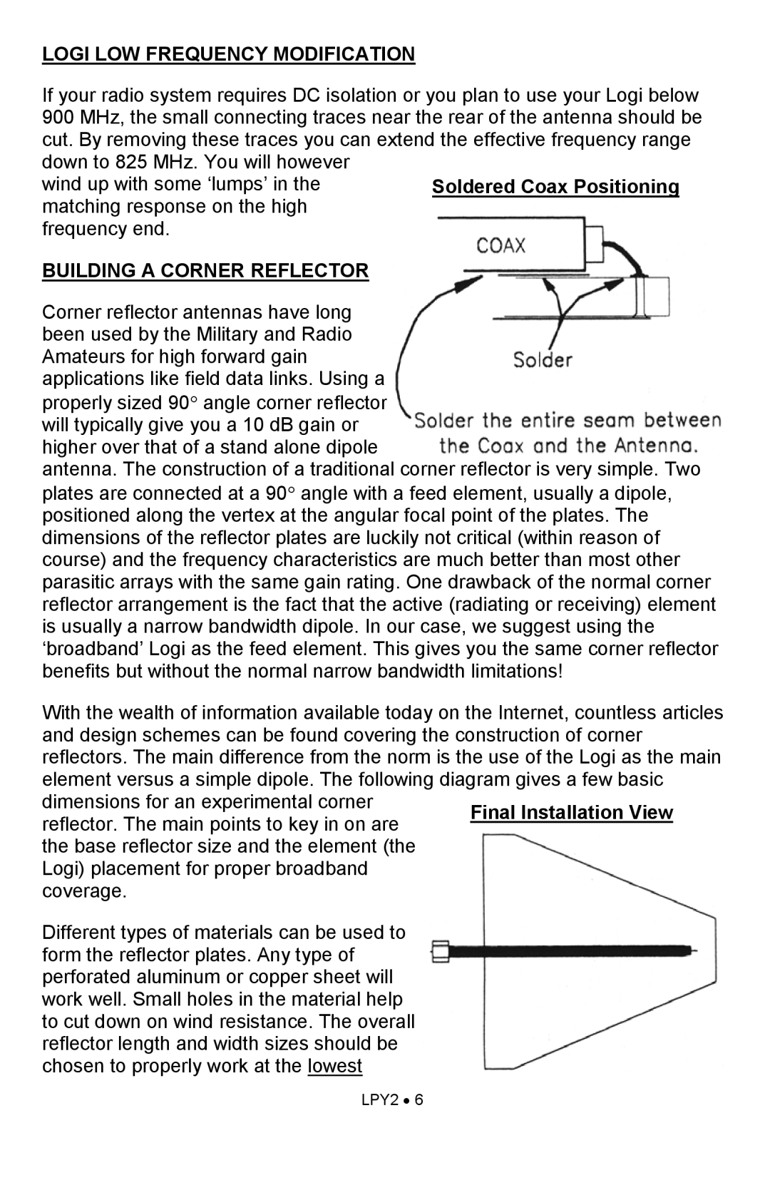 Ramsey Electronics LPY2 manual Logi LOW Frequency Modification, Building a Corner Reflector 