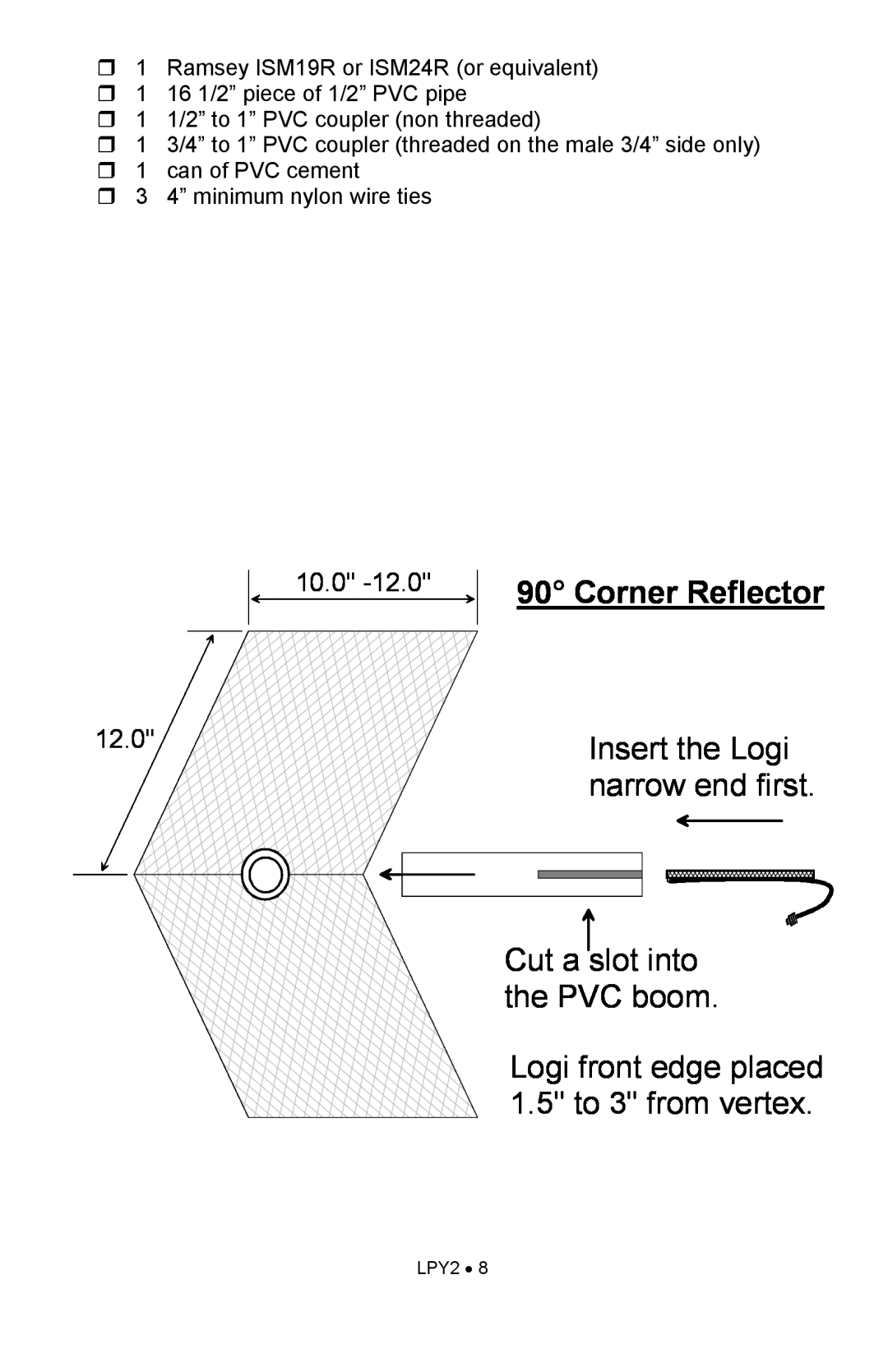 Ramsey Electronics LPY2 manual 10.0, Insert the Logi, narrow end first, Cut a slot into the PVC boom, Corner Reflector 