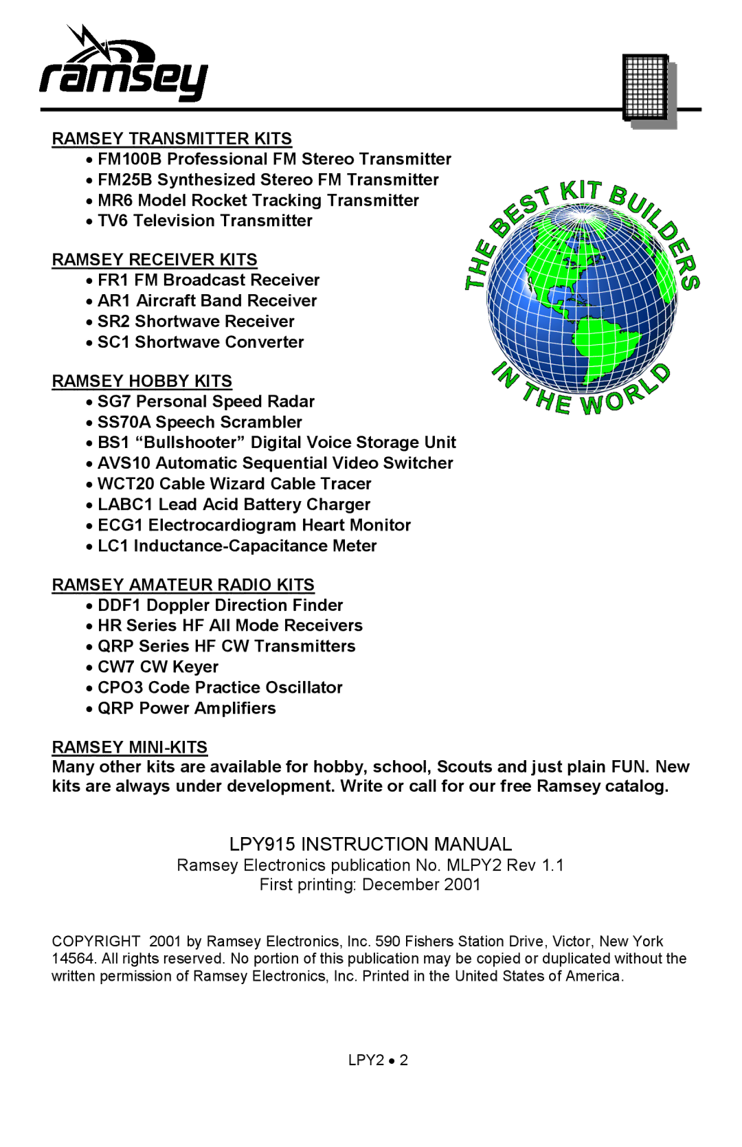 Ramsey Electronics LPY915 manual Ramsey Transmitter Kits 