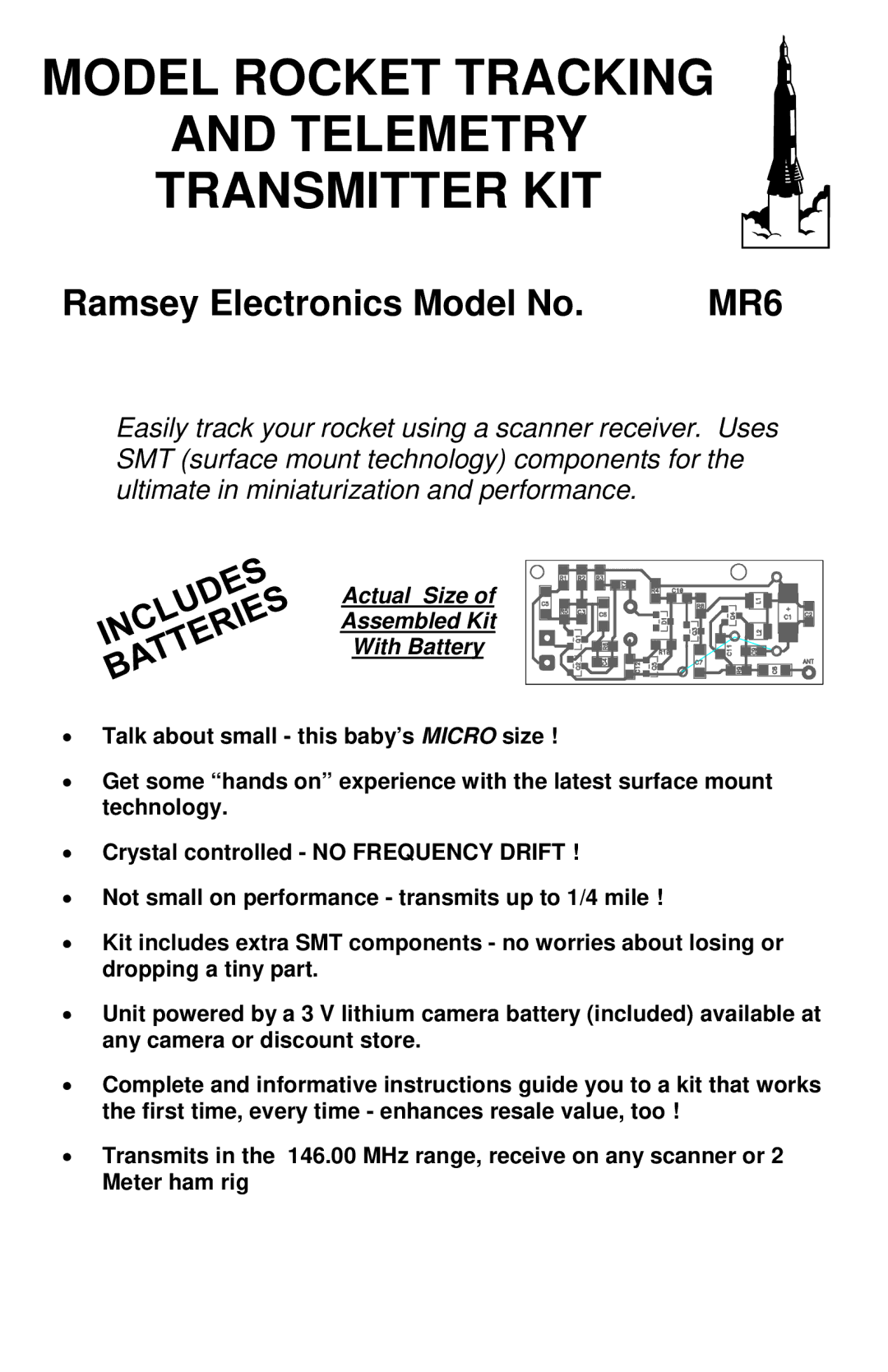 Ramsey Electronics MR6 manual Model Rocket Tracking Telemetry Transmitter KIT 