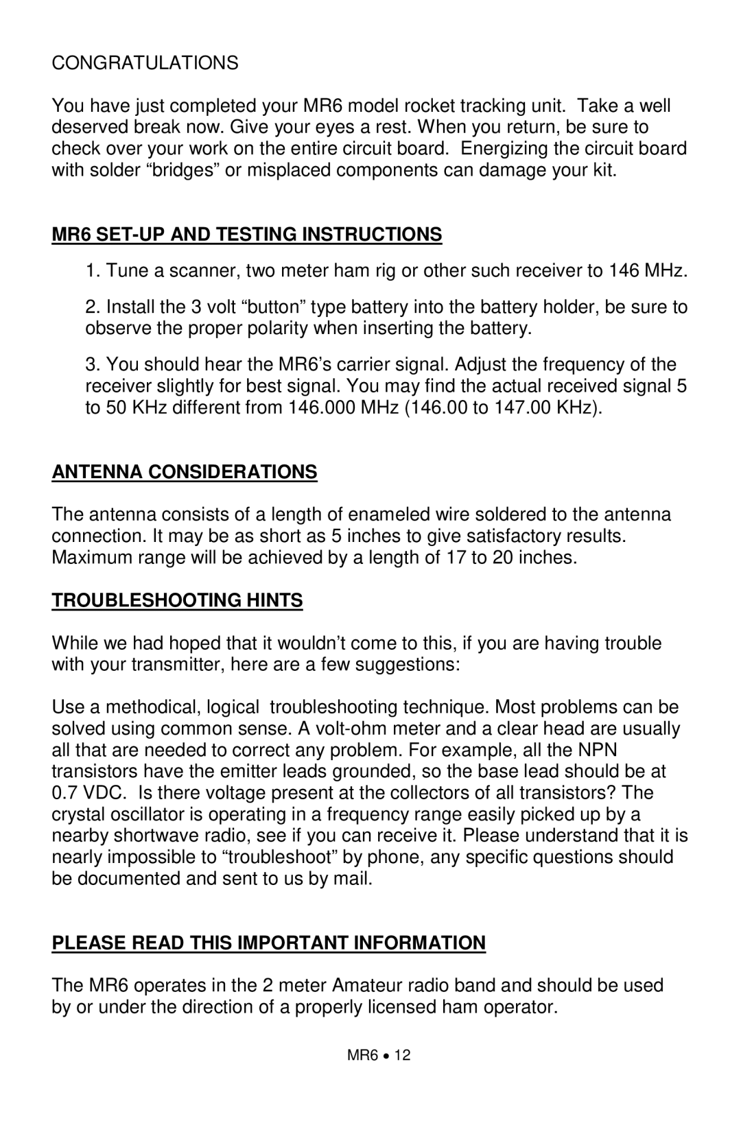 Ramsey Electronics manual MR6 SET-UP and Testing Instructions, Antenna Considerations, Troubleshooting Hints 