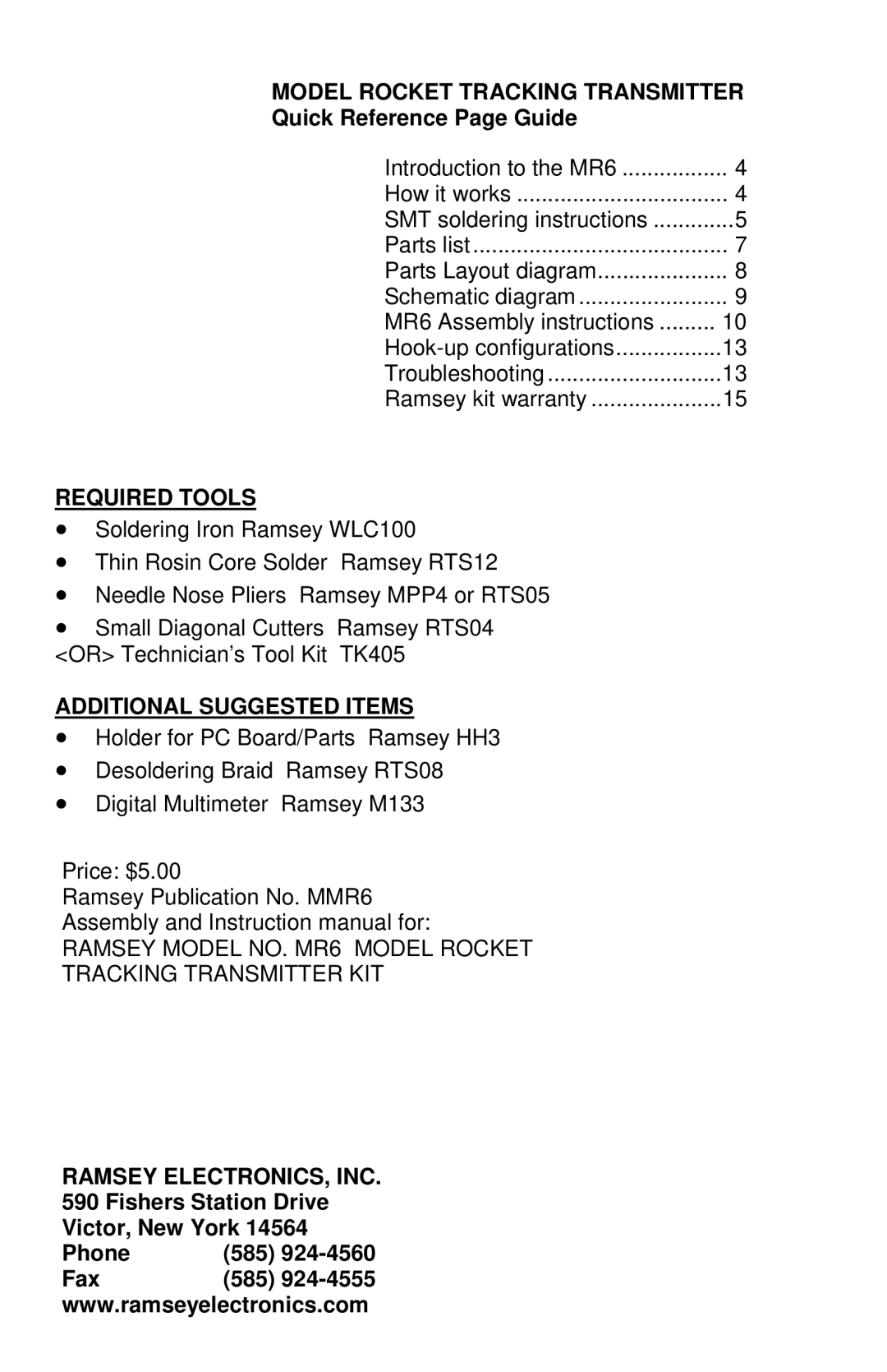 Ramsey Electronics MR6 manual Model Rocket Tracking Transmitter, Required Tools, Additional Suggested Items 