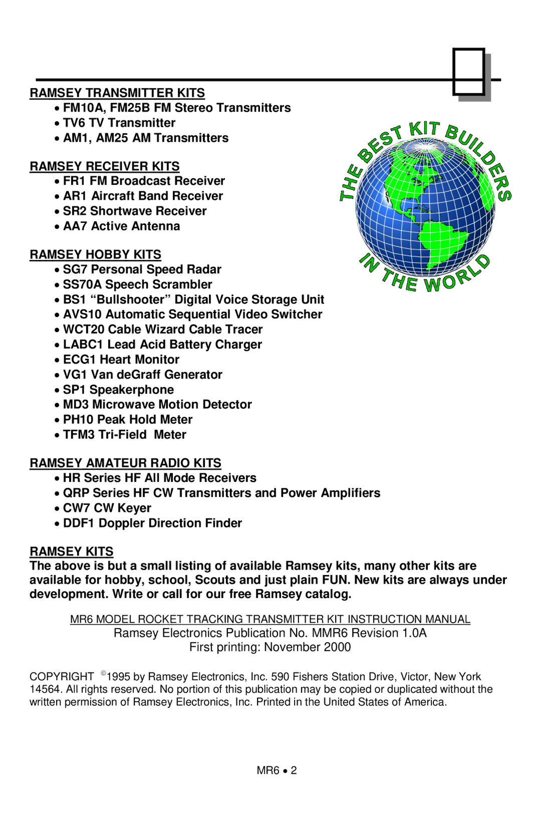 Ramsey Electronics MR6 manual Ramsey Transmitter Kits 