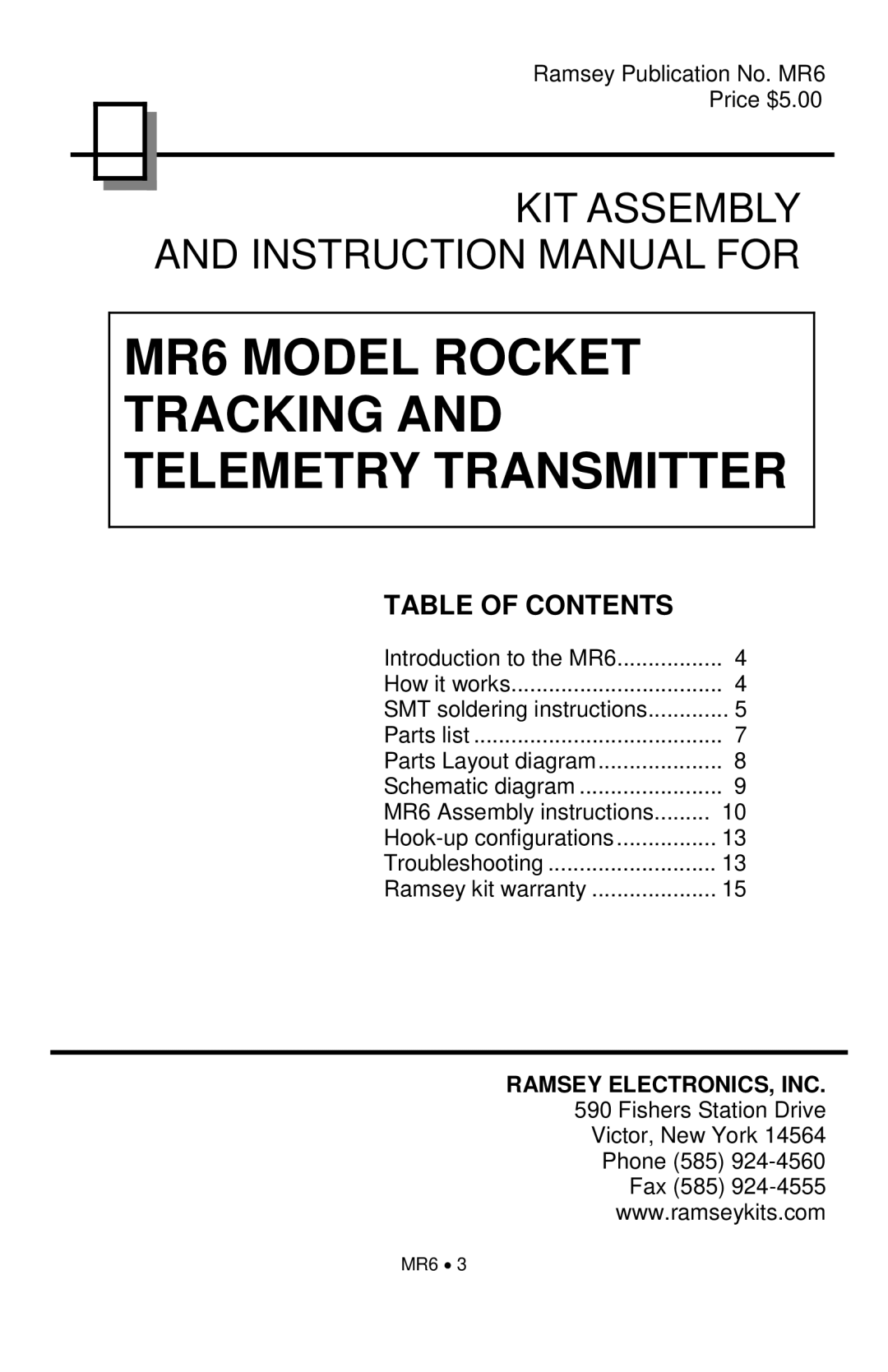 Ramsey Electronics manual MR6 Model Rocket Tracking and Telemetry Transmitter 