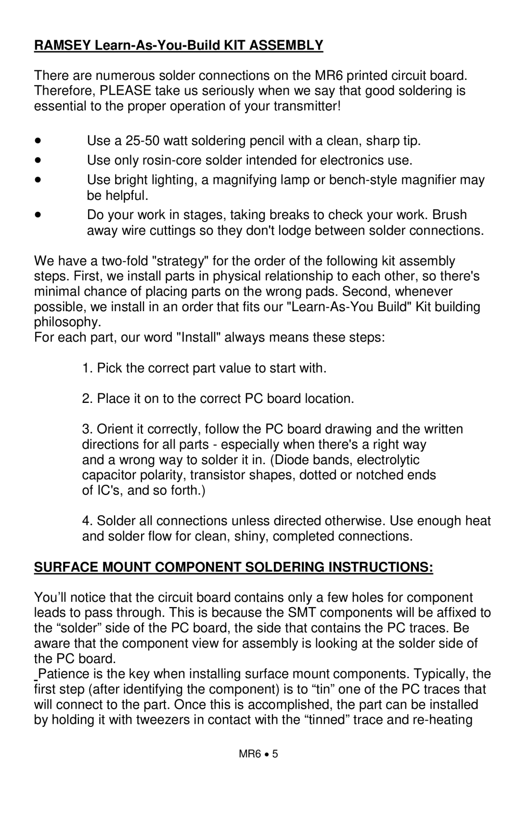 Ramsey Electronics MR6 manual Ramsey Learn-As-You-Build KIT Assembly, Surface Mount Component Soldering Instructions 