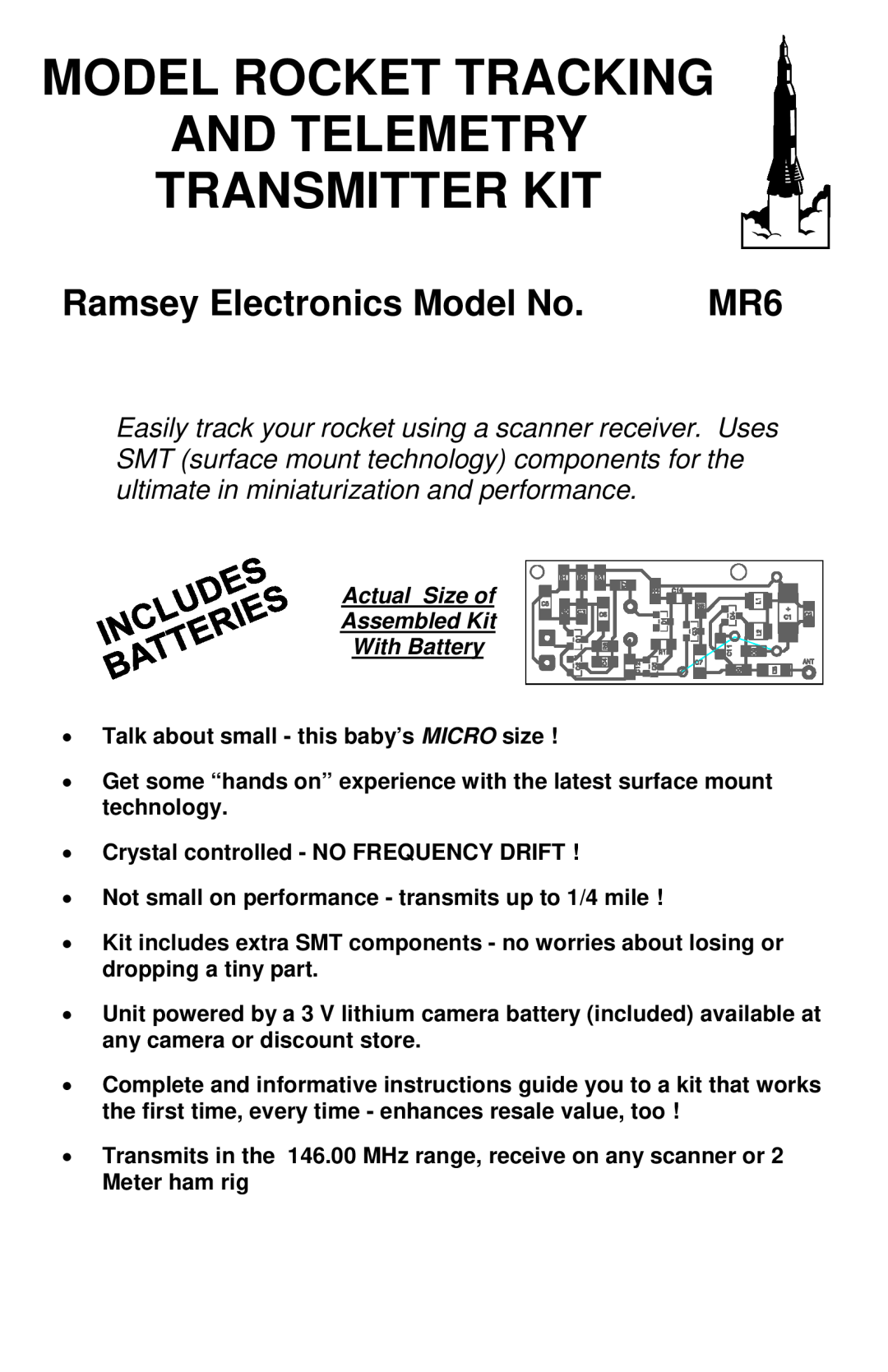 Ramsey Electronics MR6 manual Model Rocket Tracking And Telemetry, Transmitter Kit, Ramsey Electronics Model No 