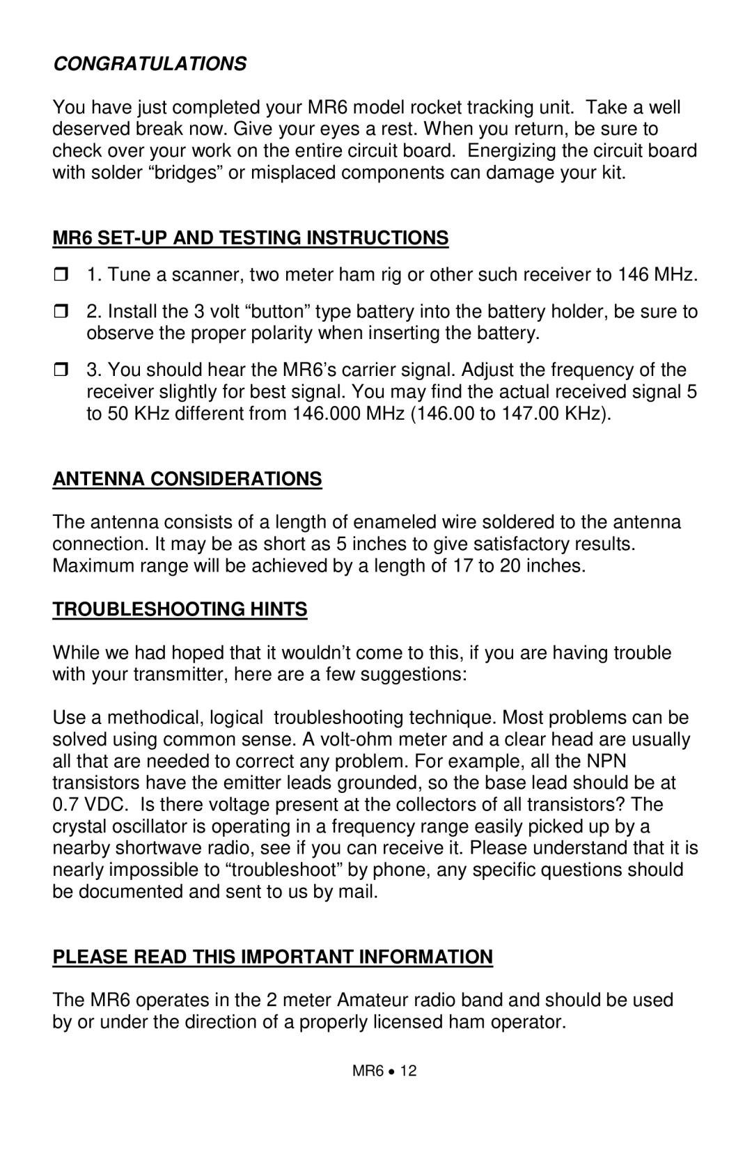 Ramsey Electronics Congratulations, MR6 SET-UPAND TESTING INSTRUCTIONS, Antenna Considerations, Troubleshooting Hints 