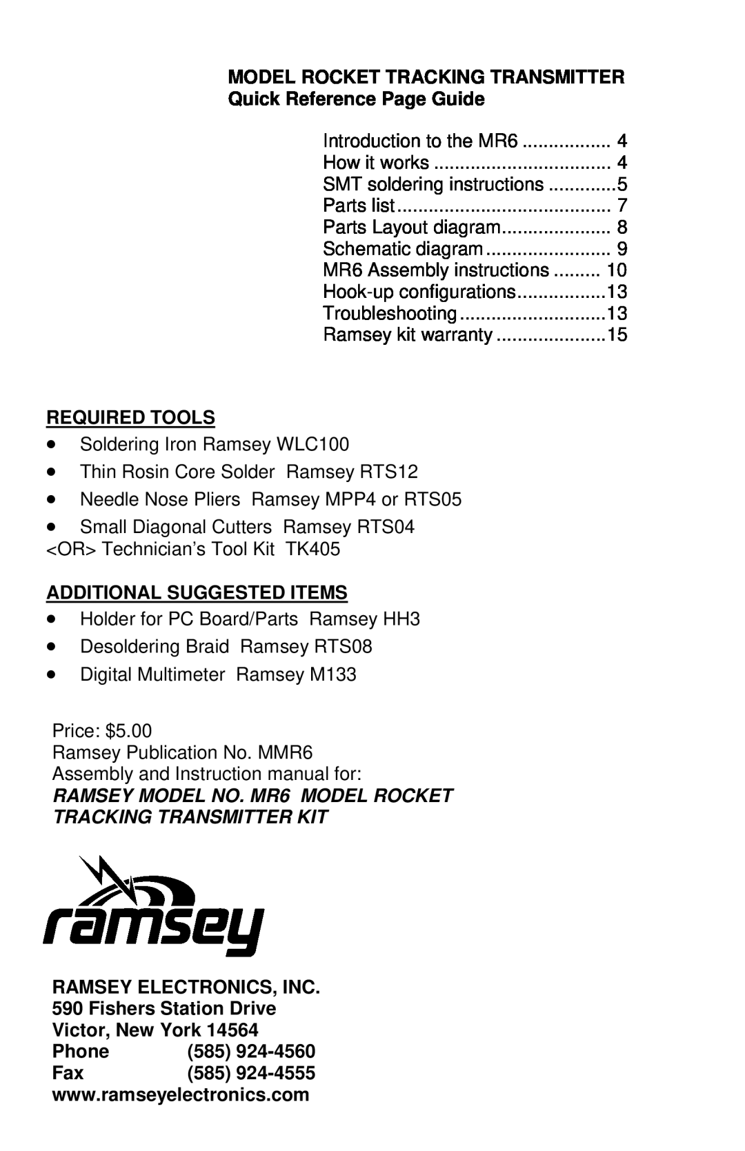 Ramsey Electronics MR6 Model Rocket Tracking Transmitter, Quick Reference Page Guide, Required Tools, Victor, New York 