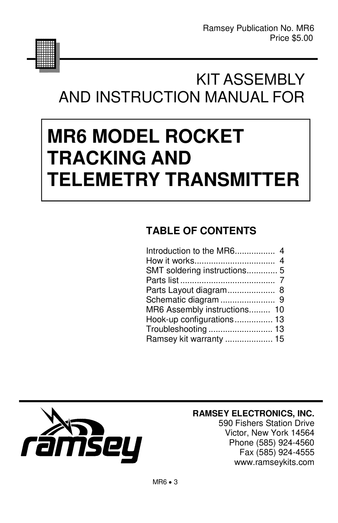 Ramsey Electronics MR6 manual Table Of Contents, Kit Assembly 