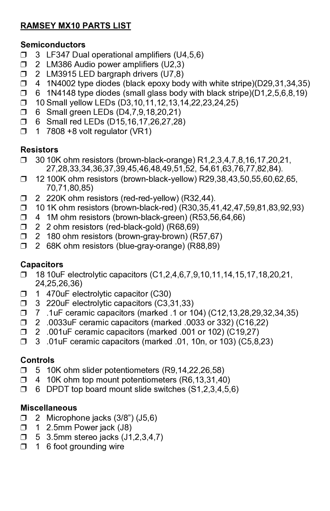 Ramsey Electronics manual Ramsey MX10 Parts List, Semiconductors 