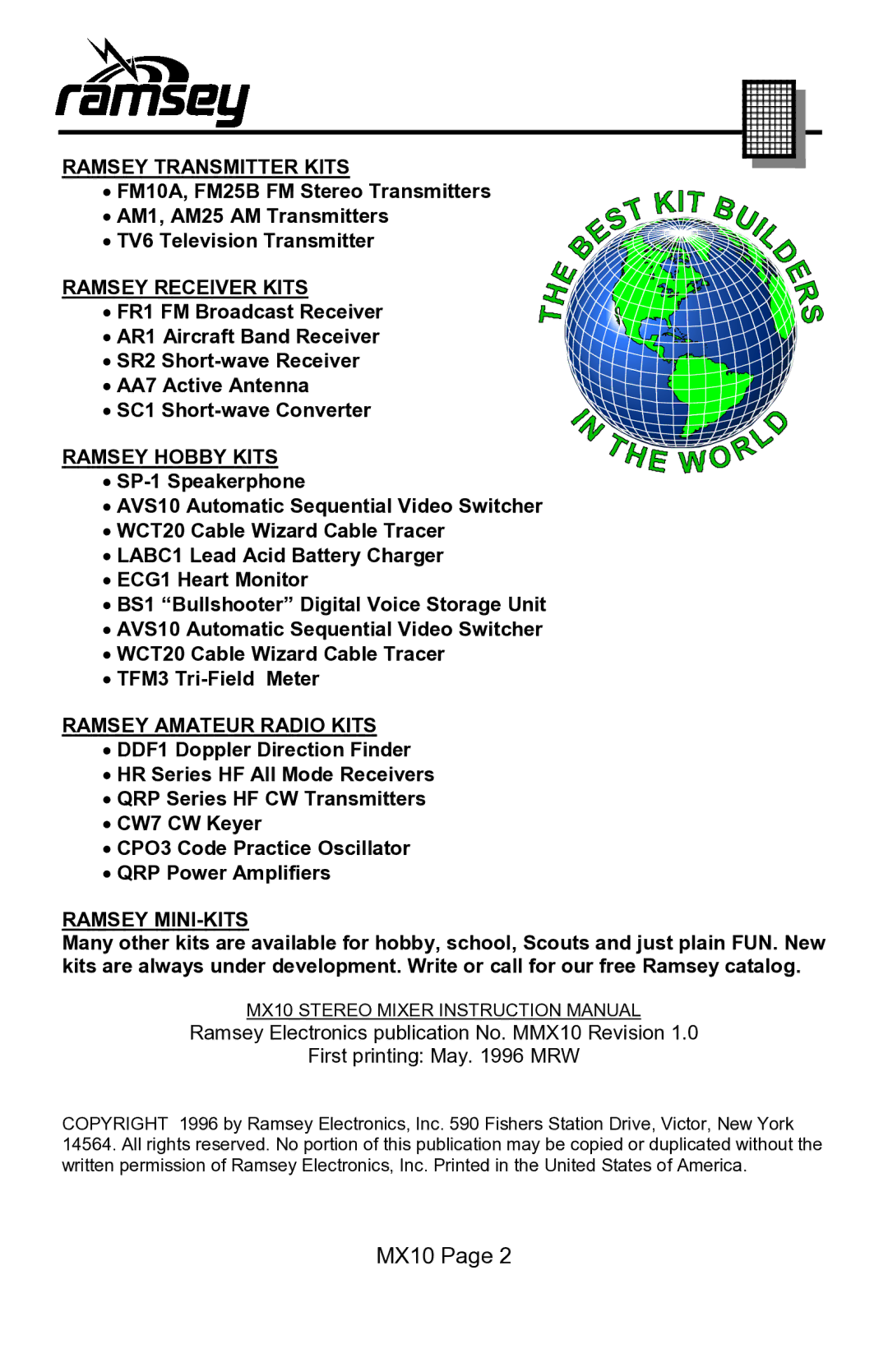 Ramsey Electronics MX10 manual Ramsey Transmitter Kits 