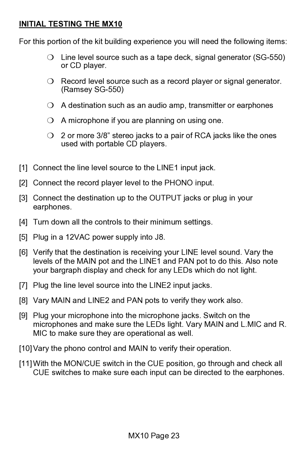 Ramsey Electronics manual Initial Testing the MX10 