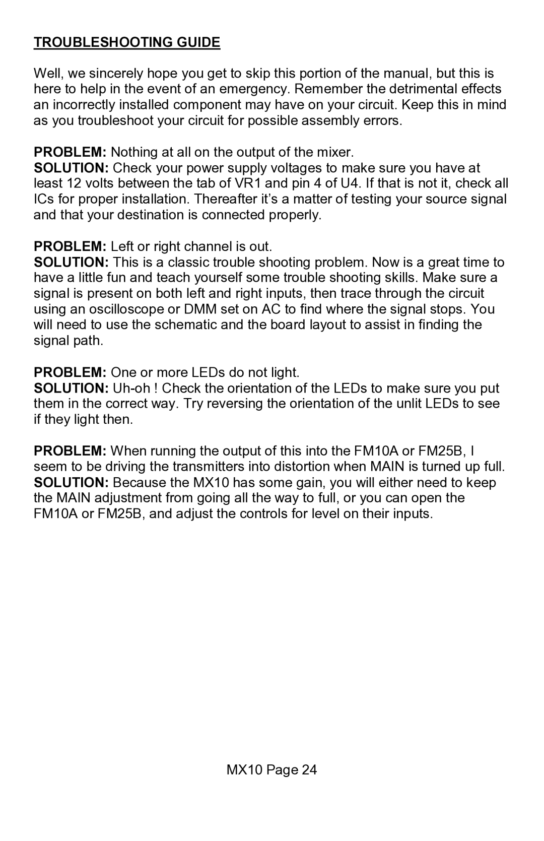 Ramsey Electronics MX10 manual Troubleshooting Guide 