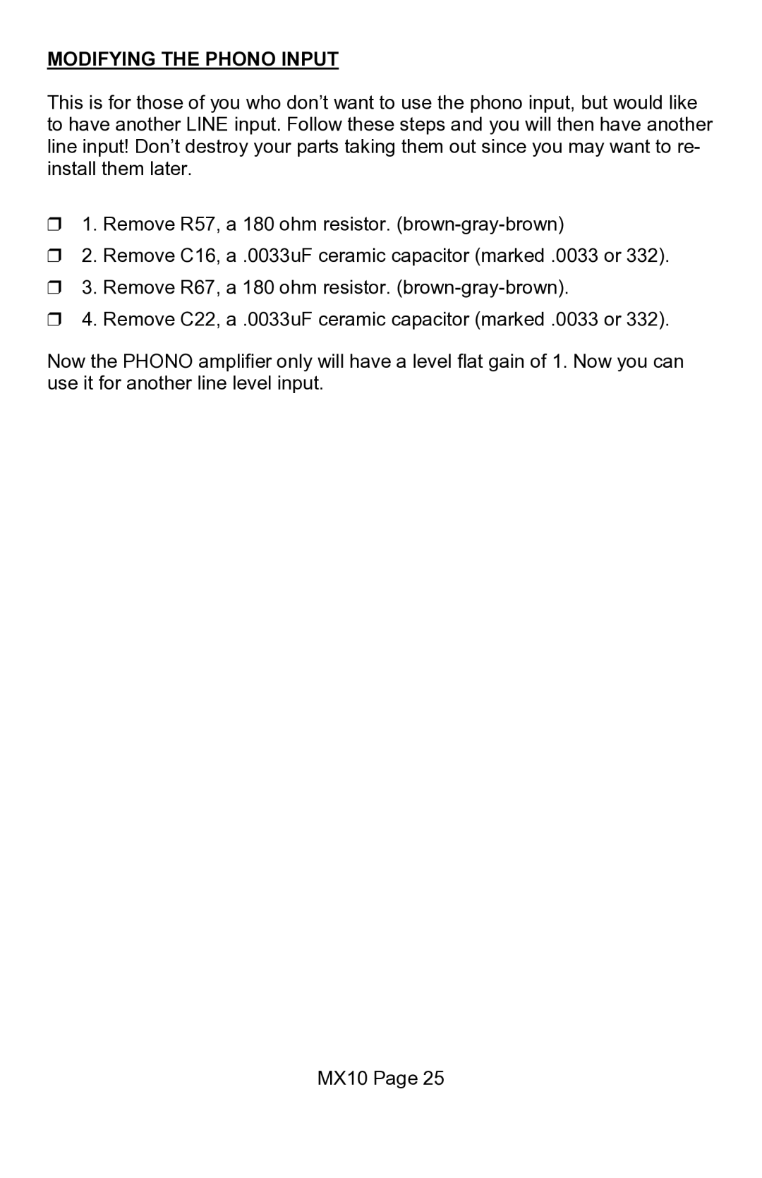 Ramsey Electronics MX10 manual Modifying the Phono Input 