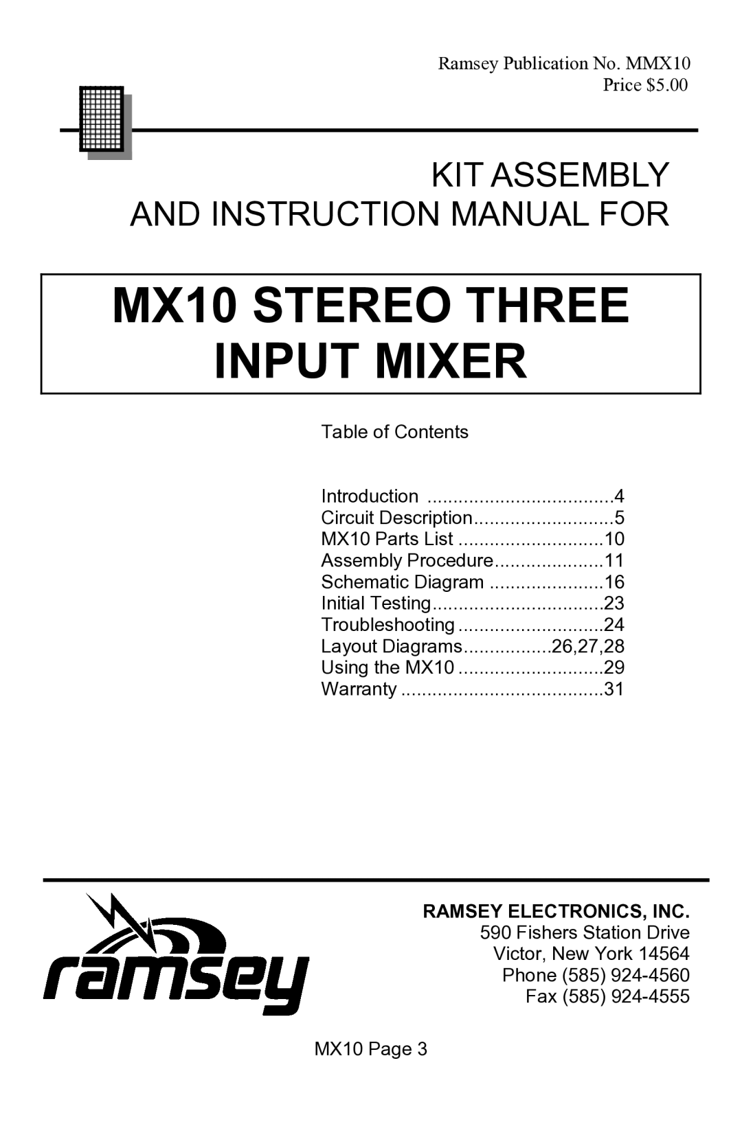 Ramsey Electronics manual MX10 Stereo Three Input Mixer, Ramsey ELECTRONICS, INC 