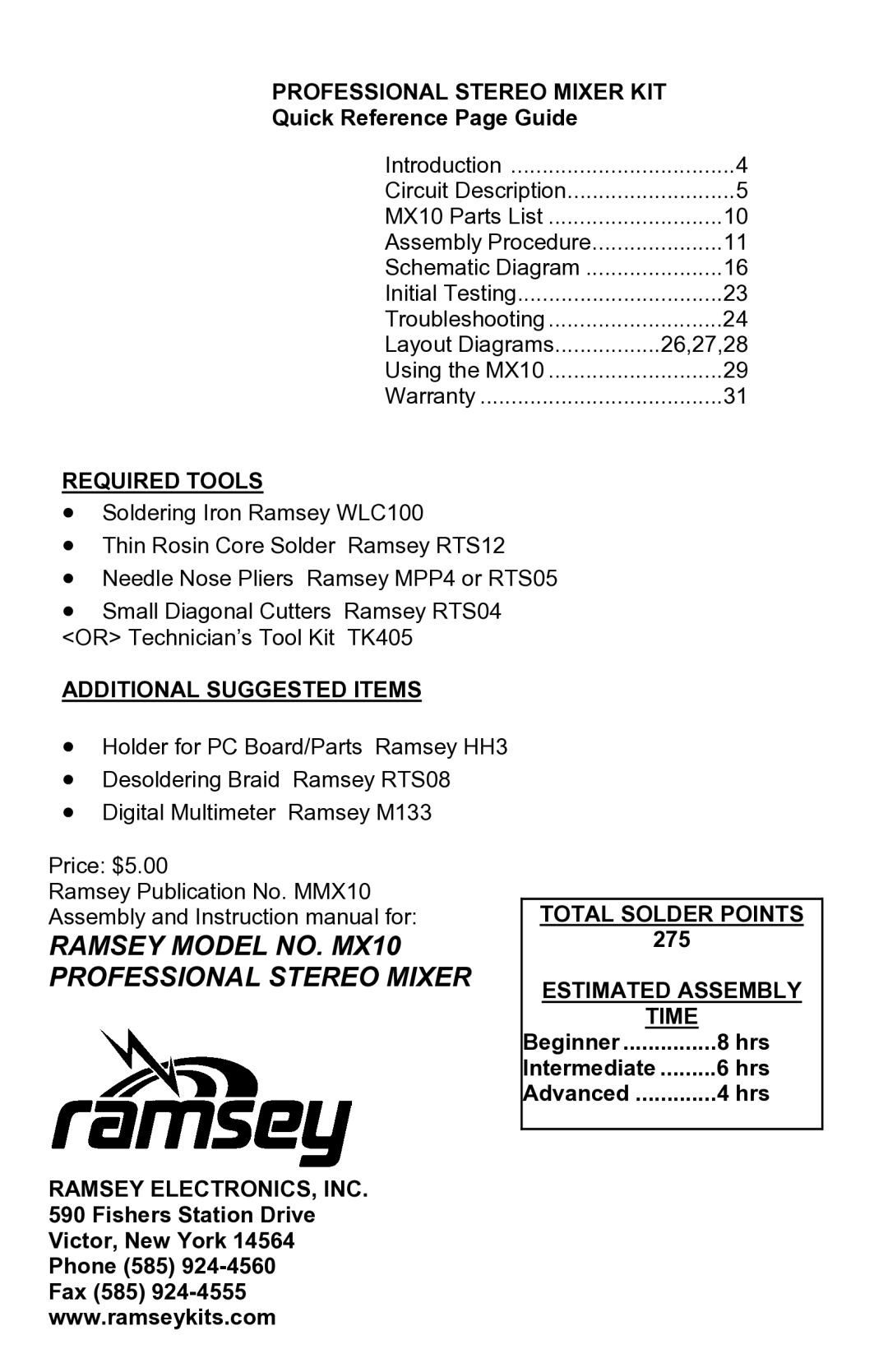 Ramsey Electronics MX10 Professional Stereo Mixer KIT, Required Tools, Additional Suggested Items, Total Solder Points 