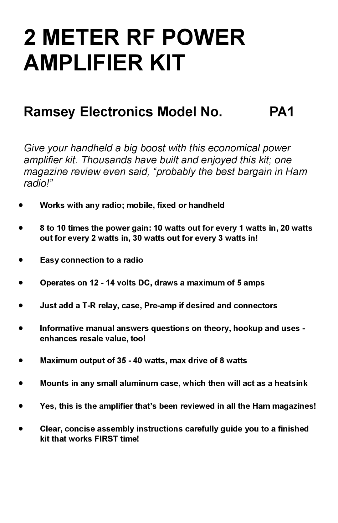 Ramsey Electronics PA1 manual Meter RF Power Amplifier KIT 