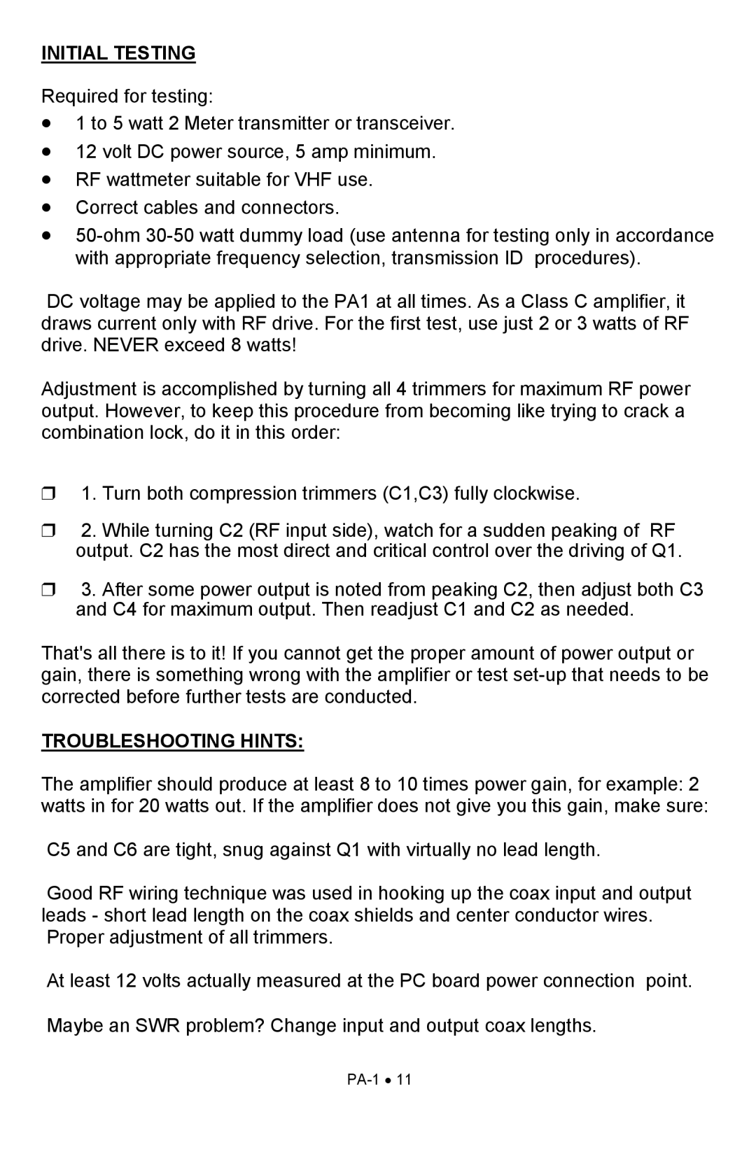 Ramsey Electronics PA1 manual Initial Testing, Troubleshooting Hints 