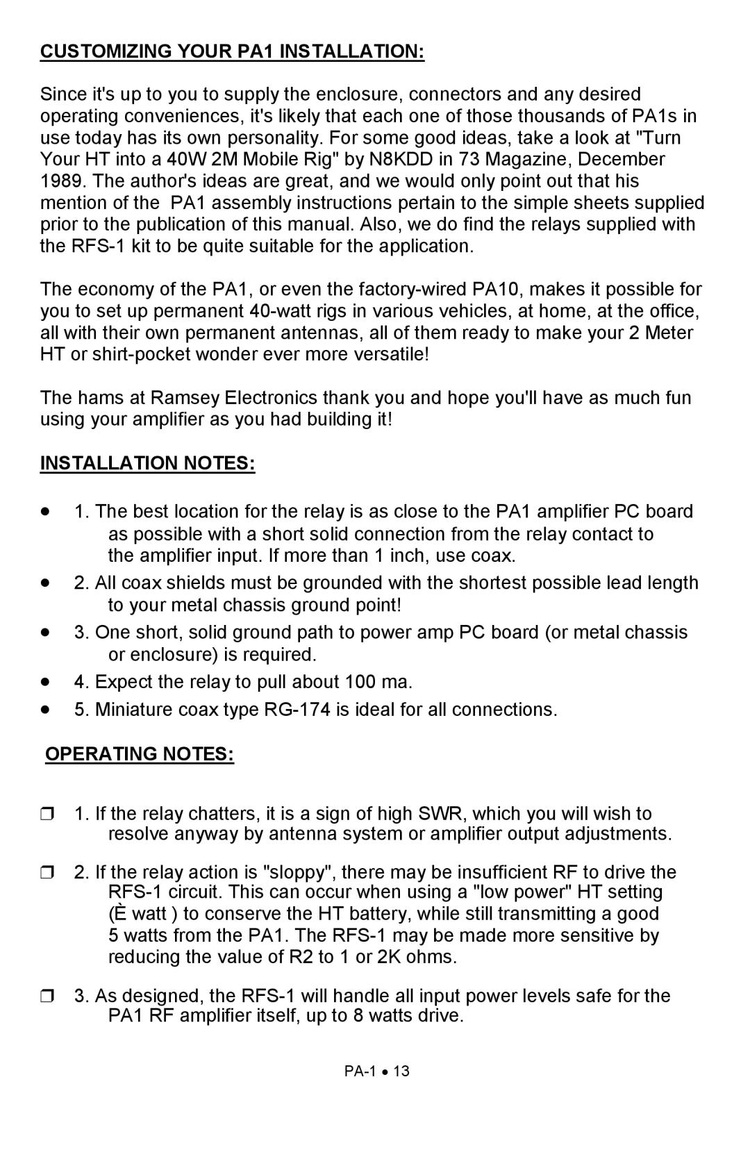 Ramsey Electronics manual Customizing Your PA1 Installation, Installation Notes, Operating Notes 