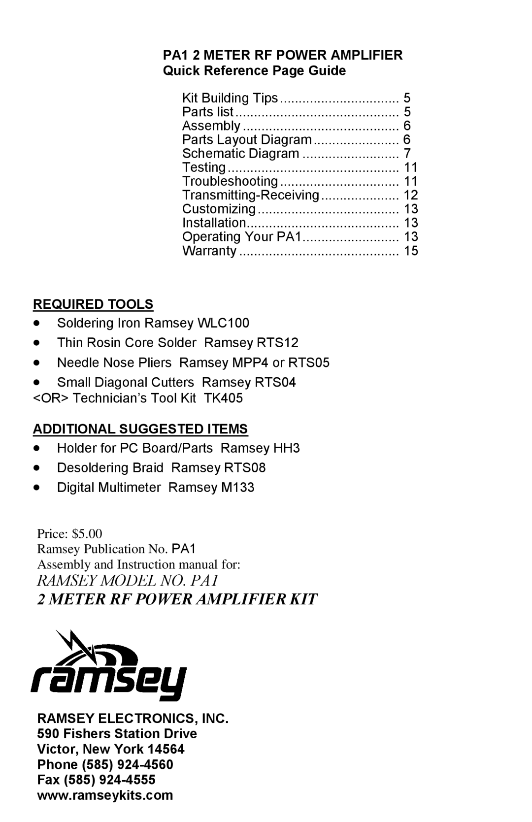 Ramsey Electronics PA1 2 Meter RF Power Amplifier, Required Tools, Additional Suggested Items, Ramsey ELECTRONICS, INC 