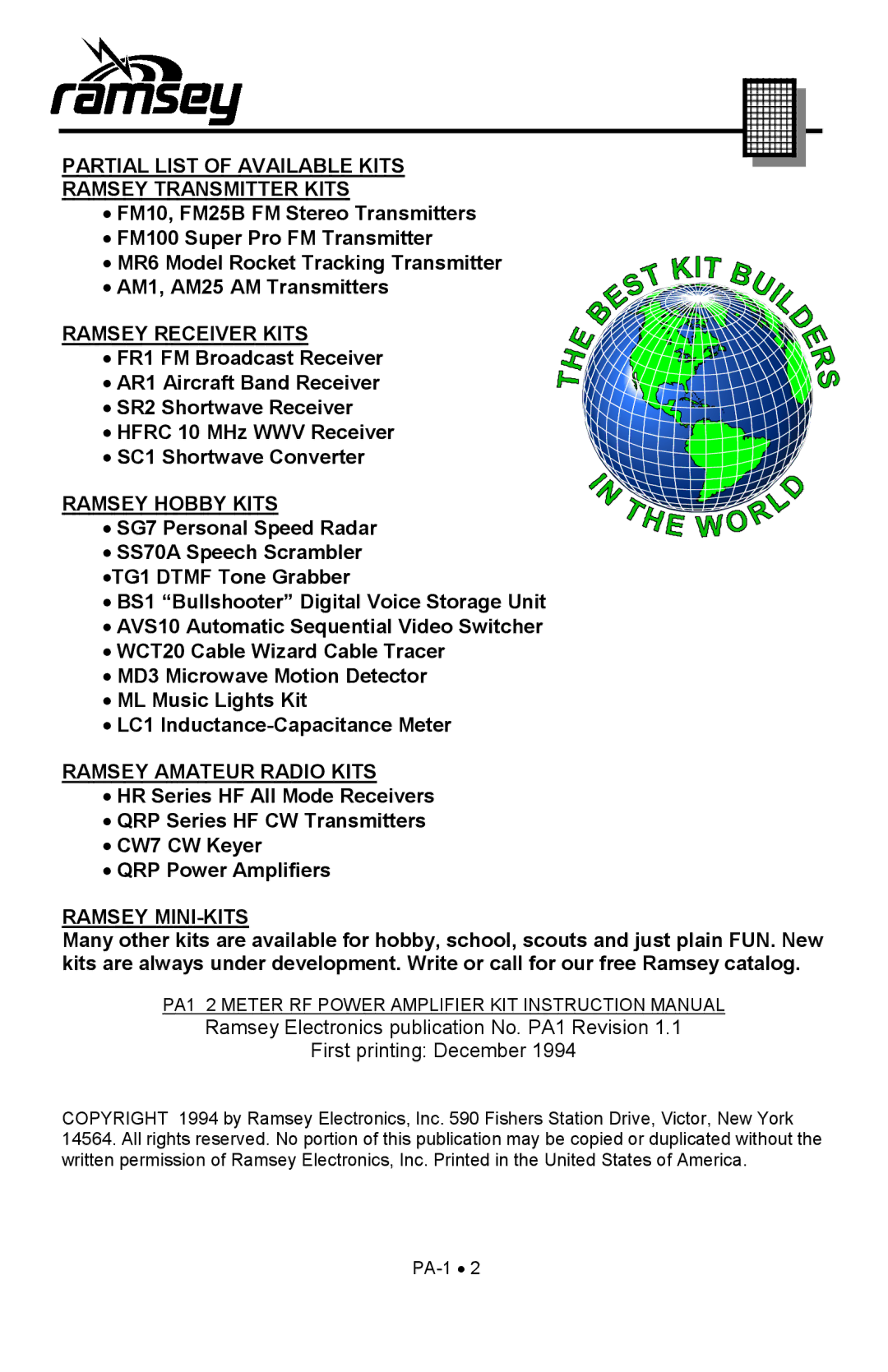 Ramsey Electronics PA1 manual Partial List of Available Kits Ramsey Transmitter Kits 