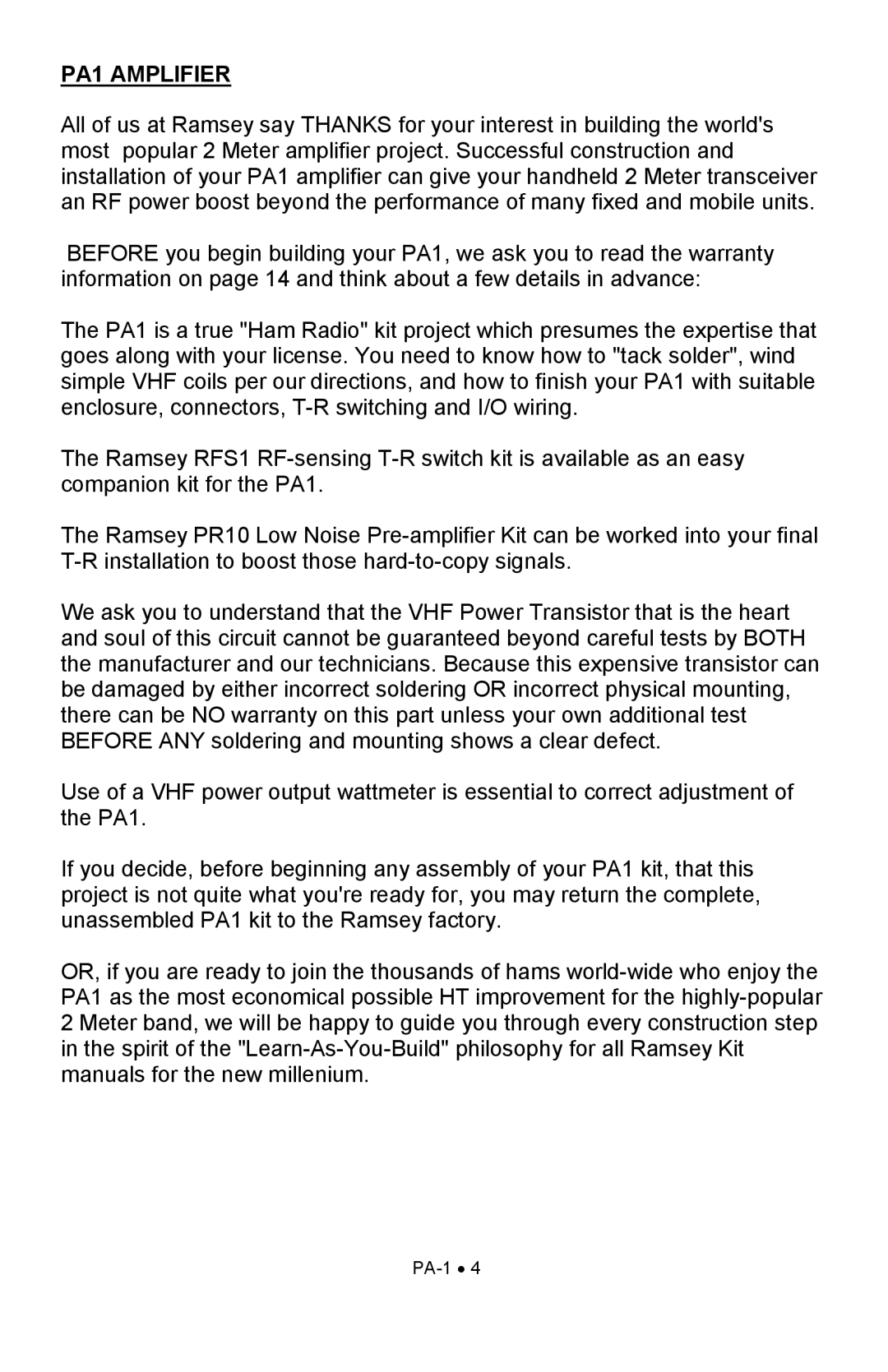 Ramsey Electronics manual PA1 Amplifier 