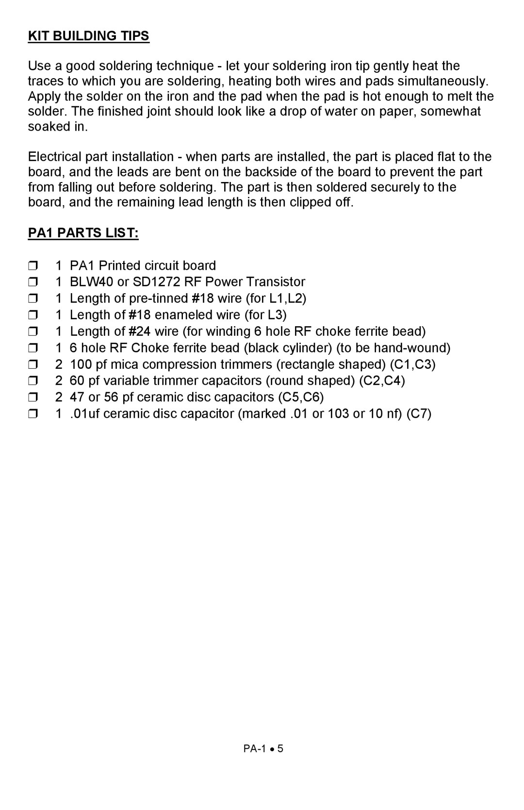 Ramsey Electronics manual KIT Building Tips, PA1 Parts List 