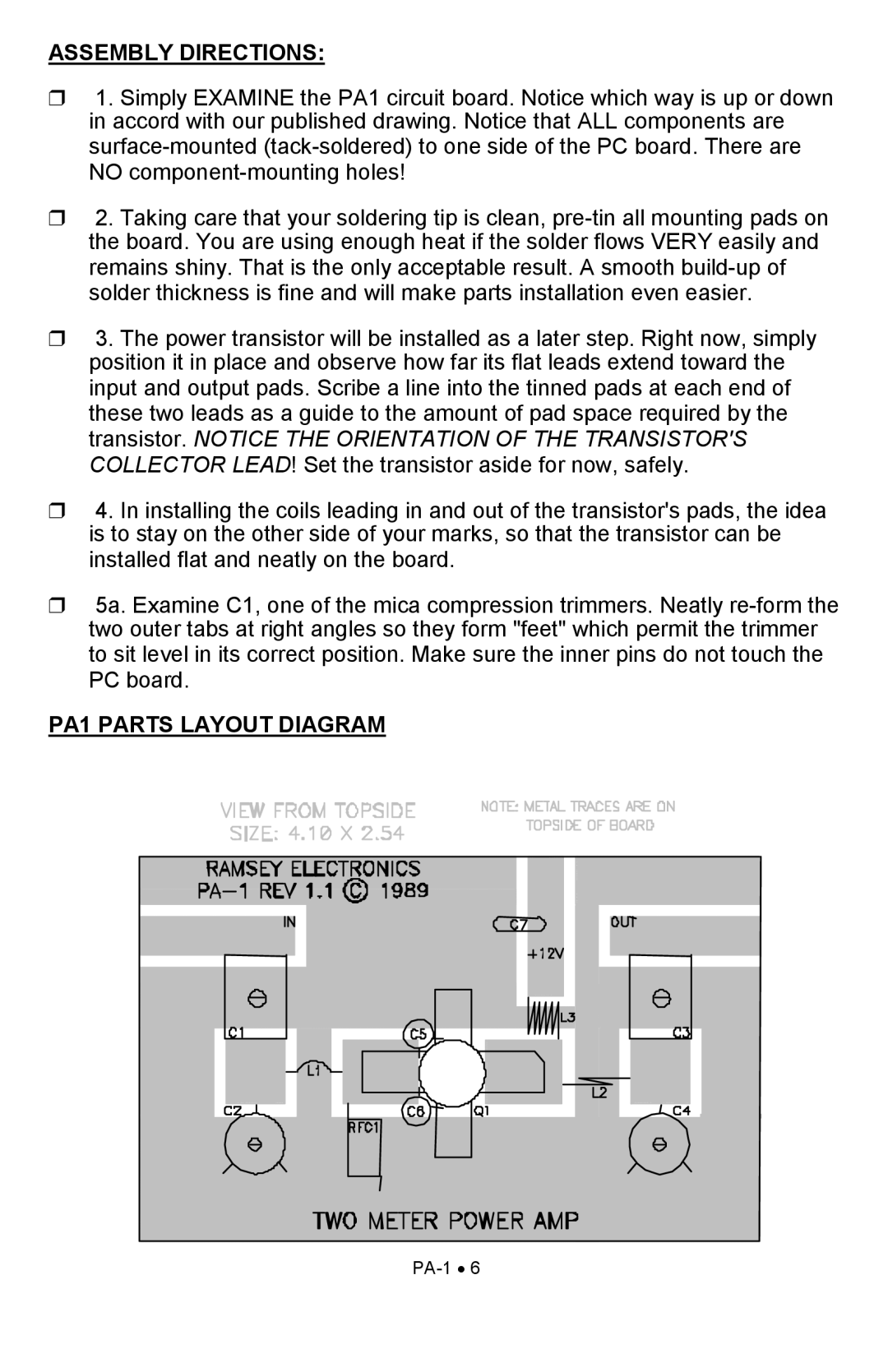 Ramsey Electronics manual Assembly Directions, PA1 Parts Layout Diagram 