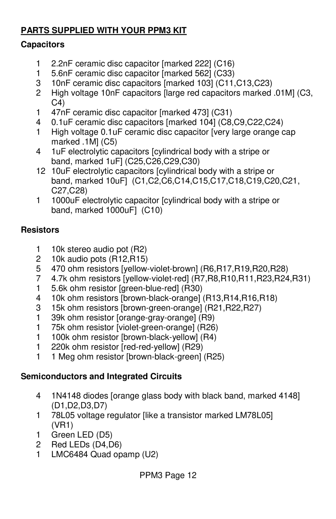 Ramsey Electronics manual Parts Supplied with Your PPM3 KIT, Capacitors 