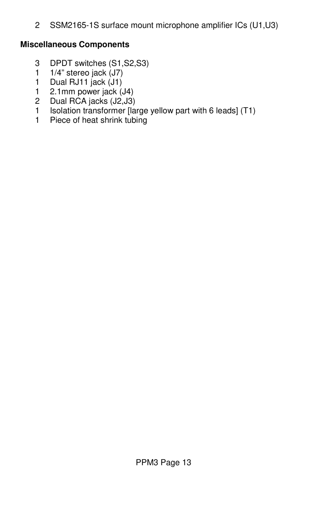 Ramsey Electronics PPM3 manual Miscellaneous Components 