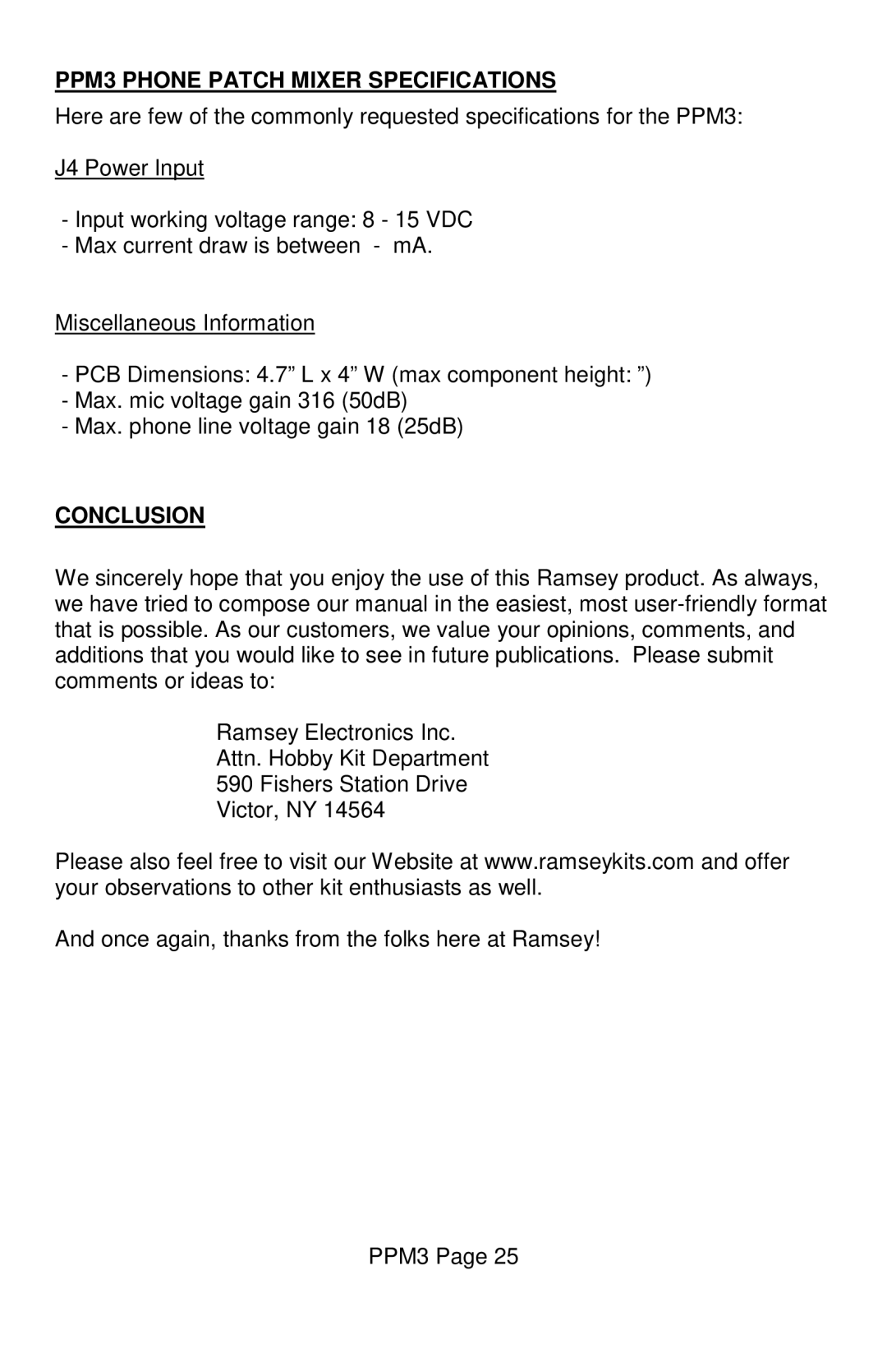 Ramsey Electronics manual PPM3 Phone Patch Mixer Specifications, Conclusion 