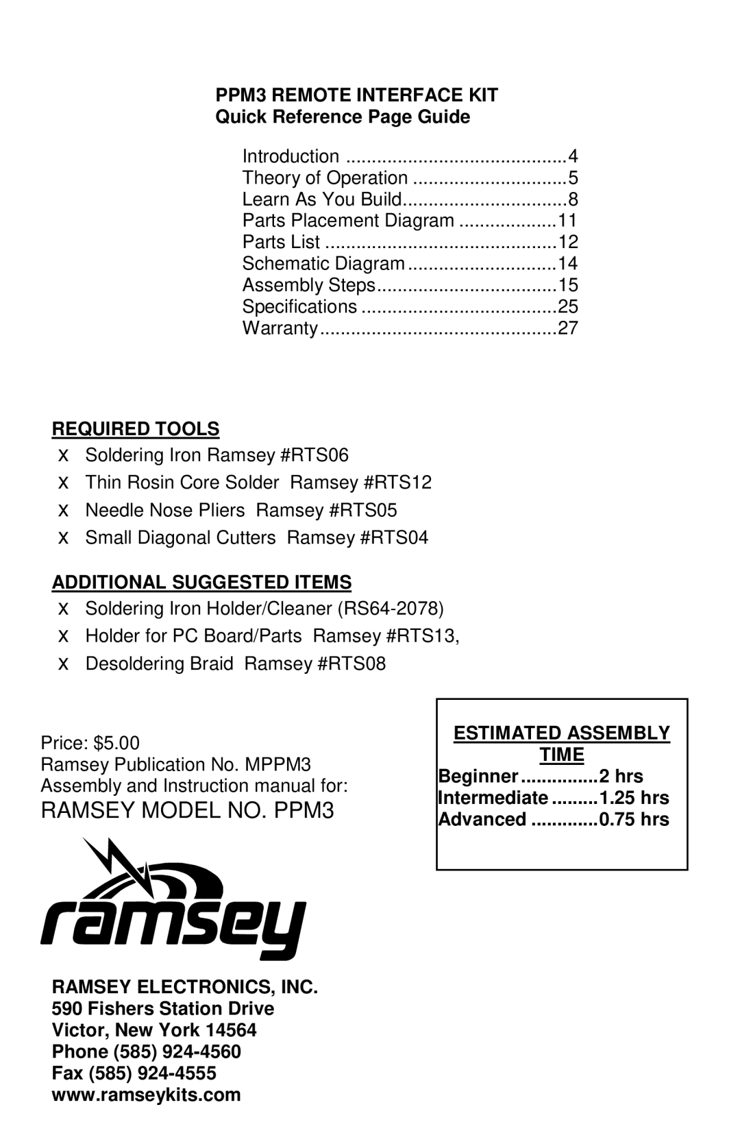 Ramsey Electronics manual PPM3 Remote Interface KIT, Required Tools, Additional Suggested Items, Estimated Assembly Time 