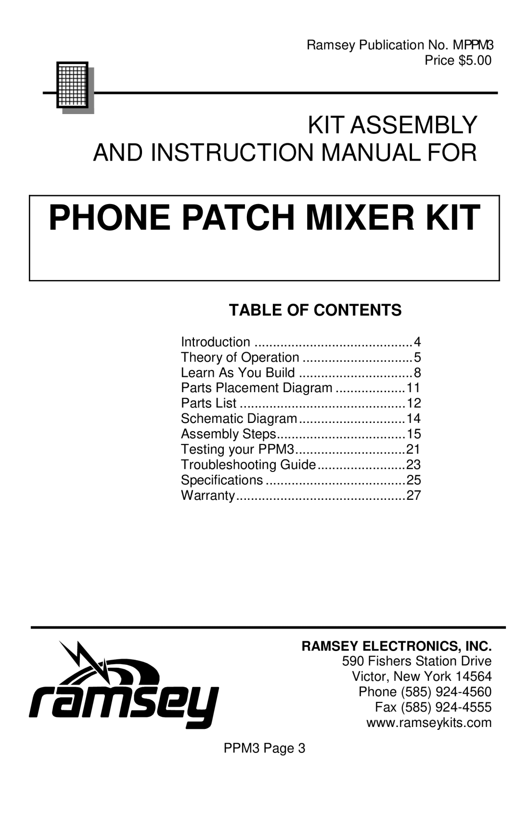 Ramsey Electronics PPM3 manual KIT Assembly 