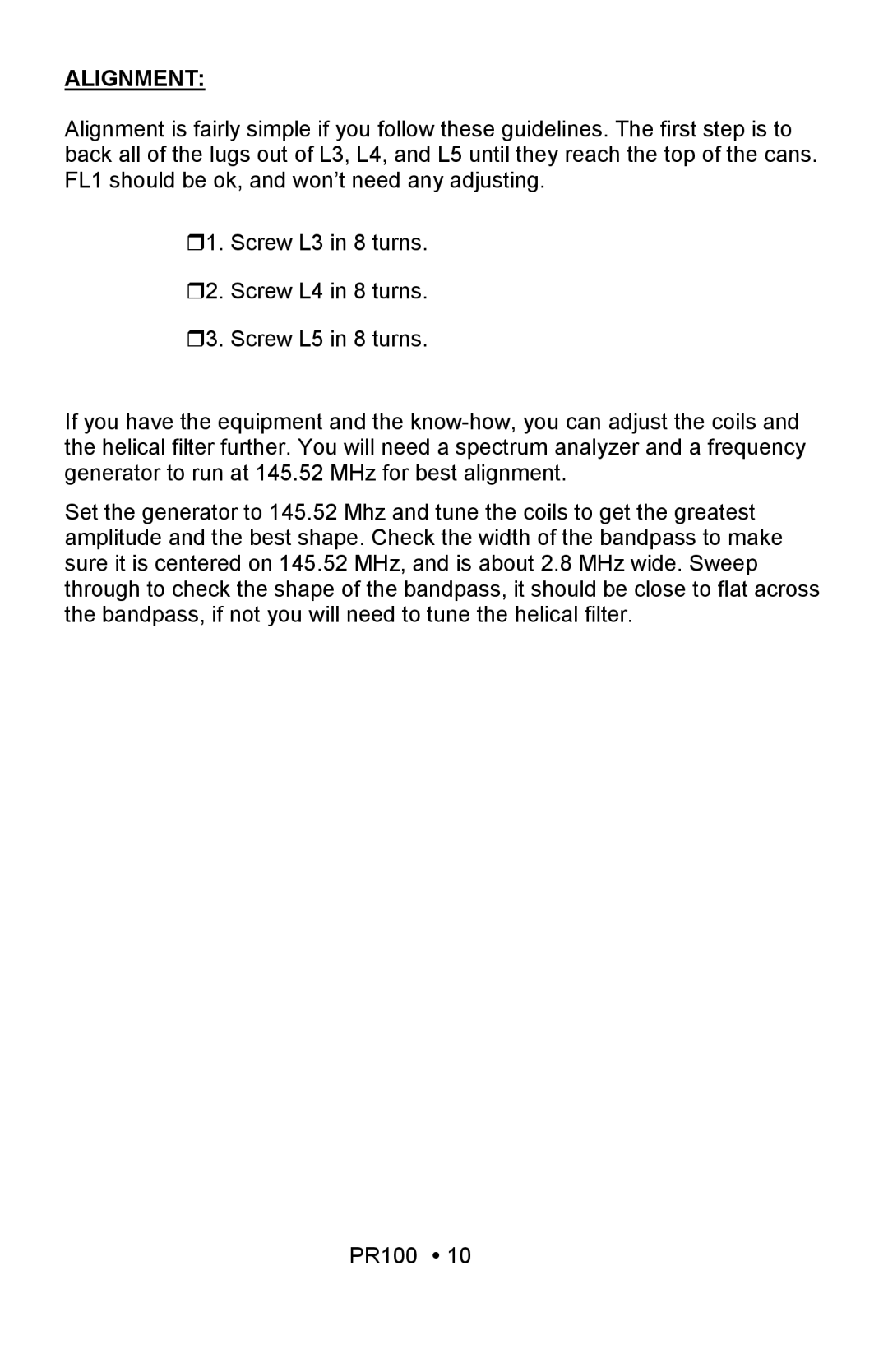 Ramsey Electronics PR100 manual Alignment 