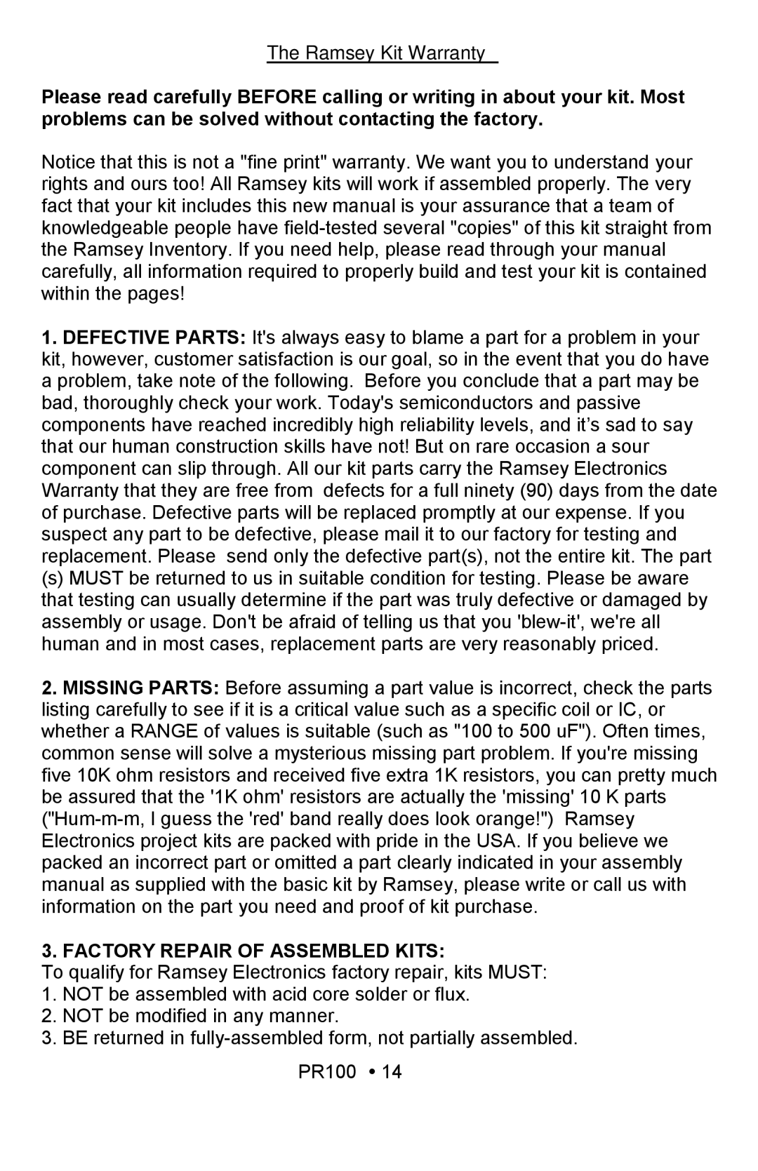 Ramsey Electronics PR100 manual Ramsey Kit Warranty, Factory Repair of Assembled Kits 