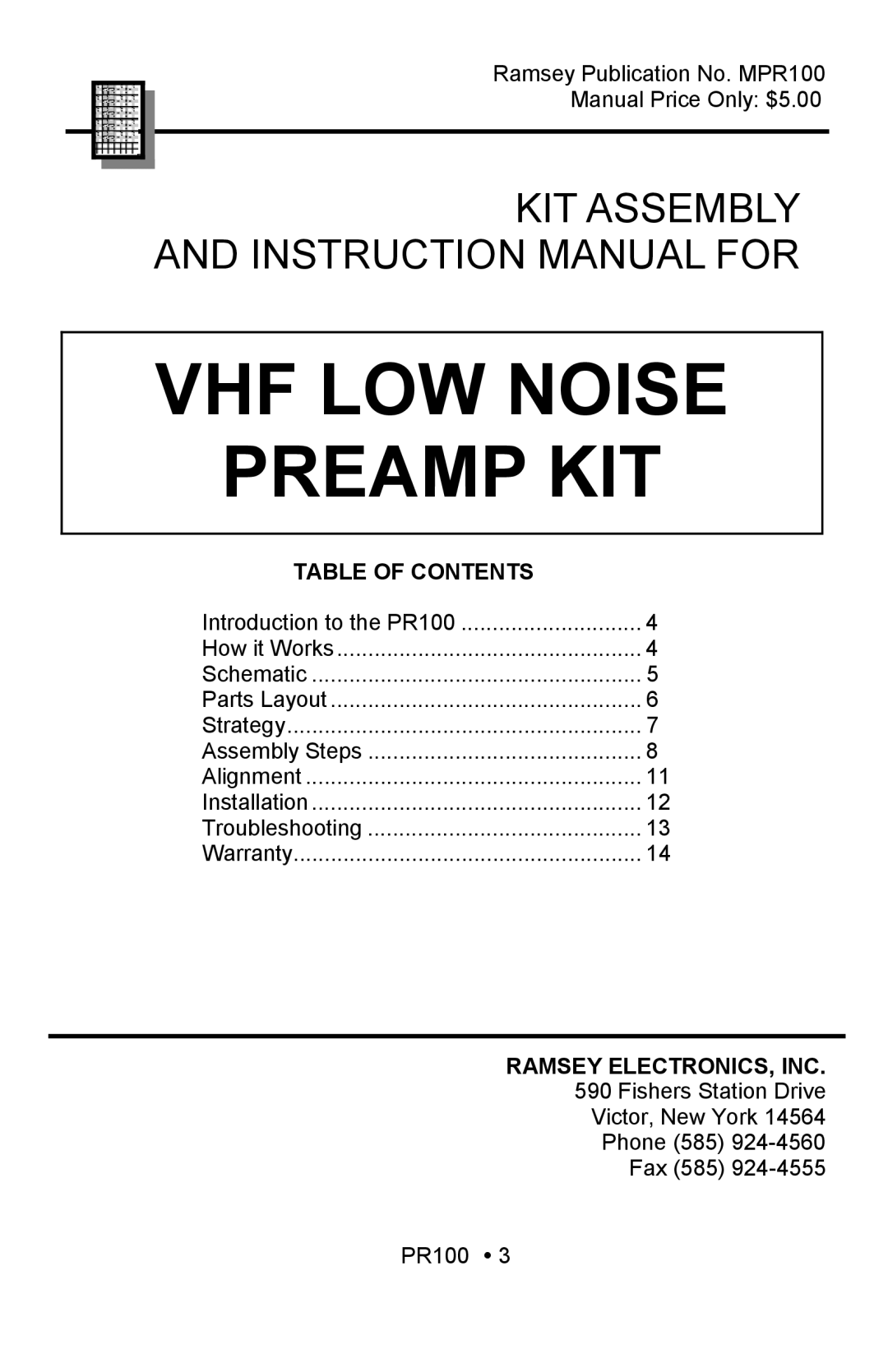 Ramsey Electronics PR100 manual Table of Contents, Ramsey ELECTRONICS, INC 