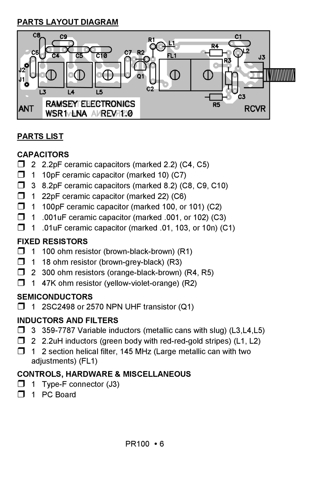 Ramsey Electronics PR100 manual Parts Layout Diagram Parts List Capacitors, Fixed Resistors, Semiconductors 