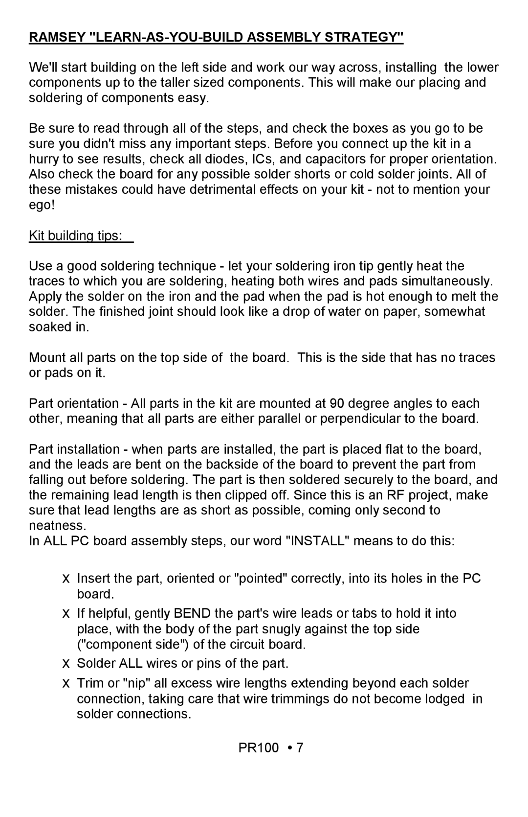 Ramsey Electronics PR100 manual Ramsey LEARN-AS-YOU-BUILD Assembly Strategy, Kit building tips 