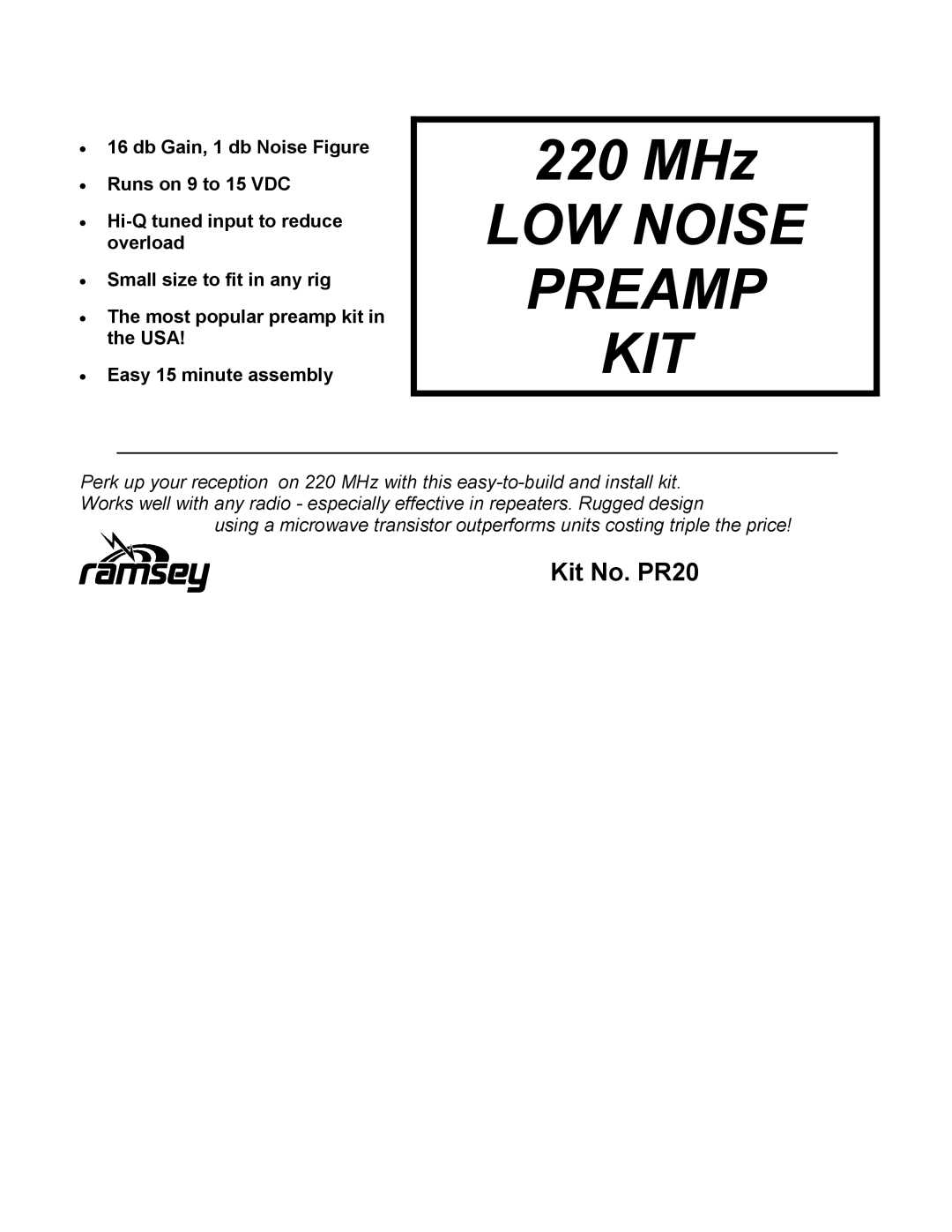 Ramsey Electronics PR20 manual LOW Noise Preamp KIT 