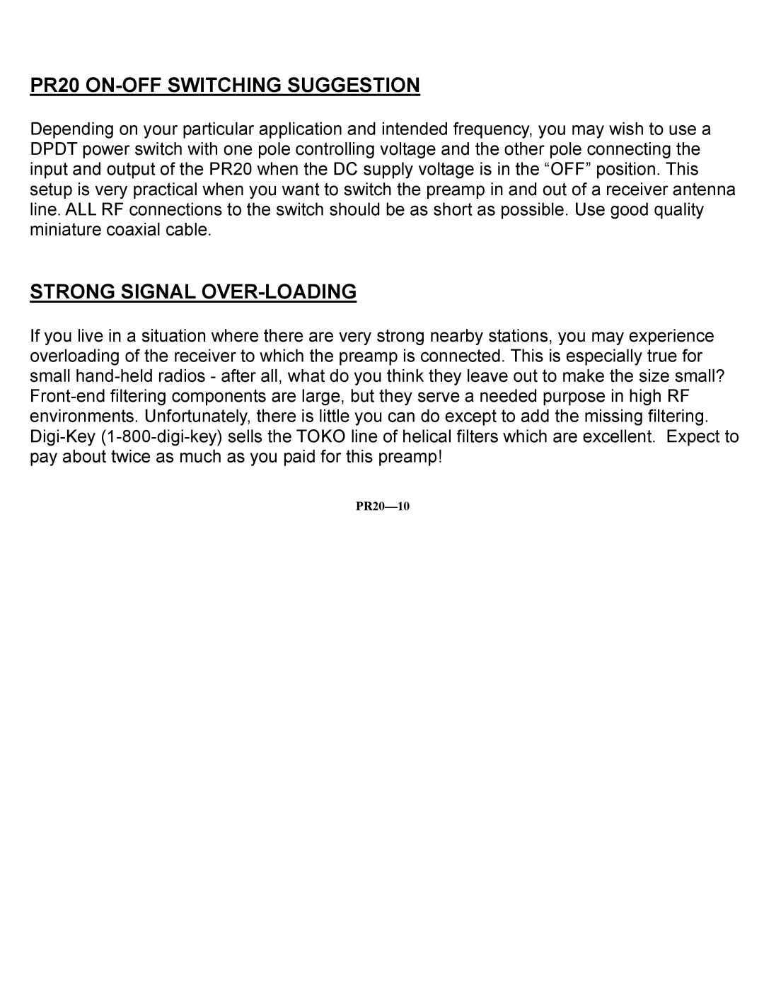 Ramsey Electronics manual PR20 ON-OFF Switching Suggestion, Strong Signal OVER-LOADING 