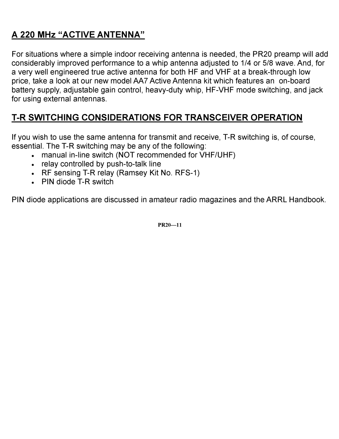 Ramsey Electronics PR20 manual MHz Active Antenna, Switching Considerations for Transceiver Operation 