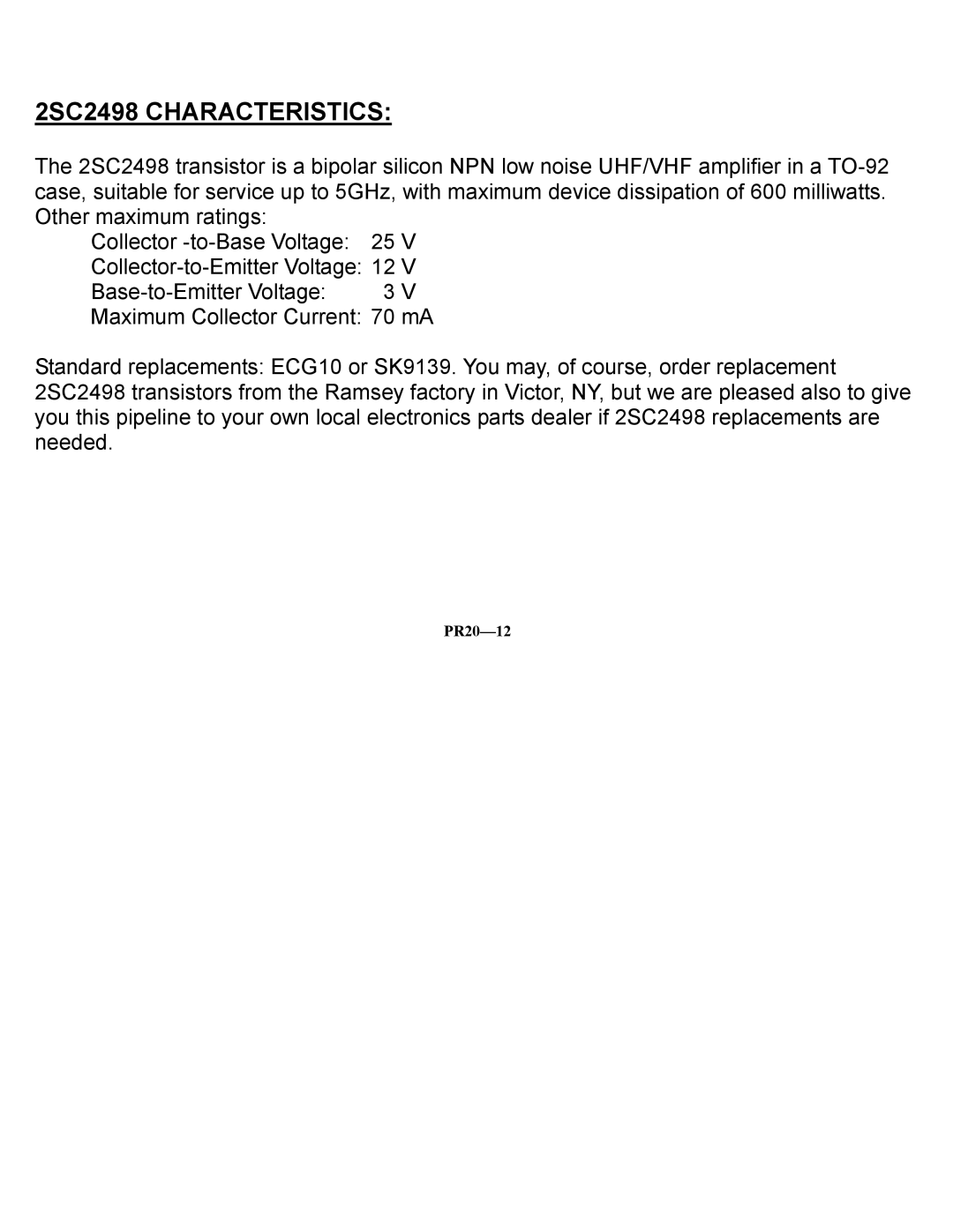 Ramsey Electronics PR20 manual 2SC2498 Characteristics 