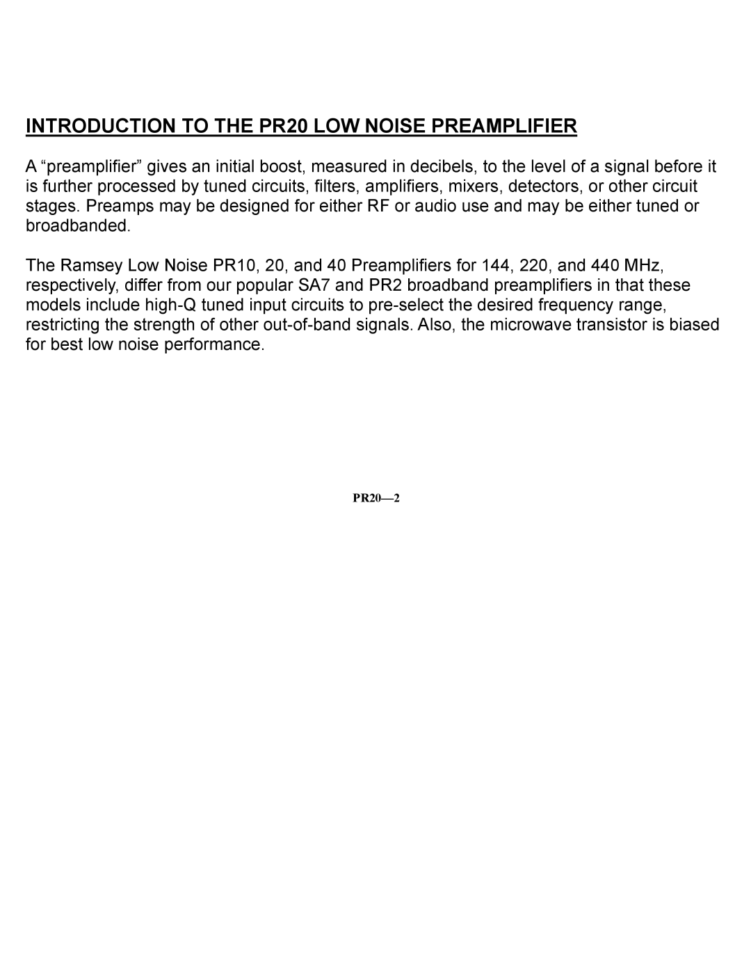 Ramsey Electronics manual Introduction to the PR20 LOW Noise Preamplifier 