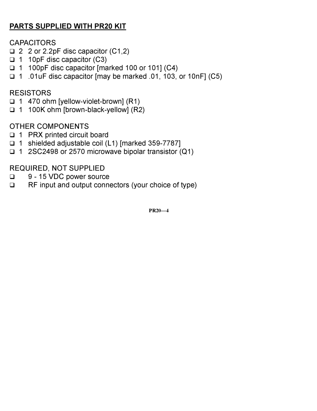 Ramsey Electronics manual Parts Supplied with PR20 KIT 