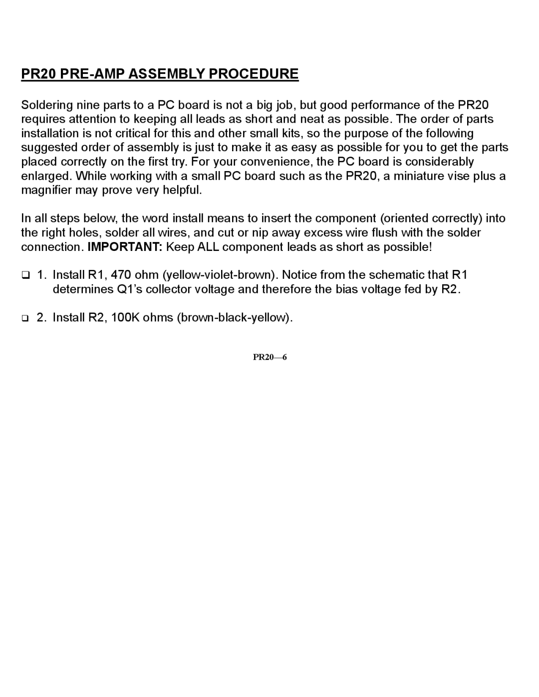 Ramsey Electronics manual PR20 PRE-AMP Assembly Procedure 