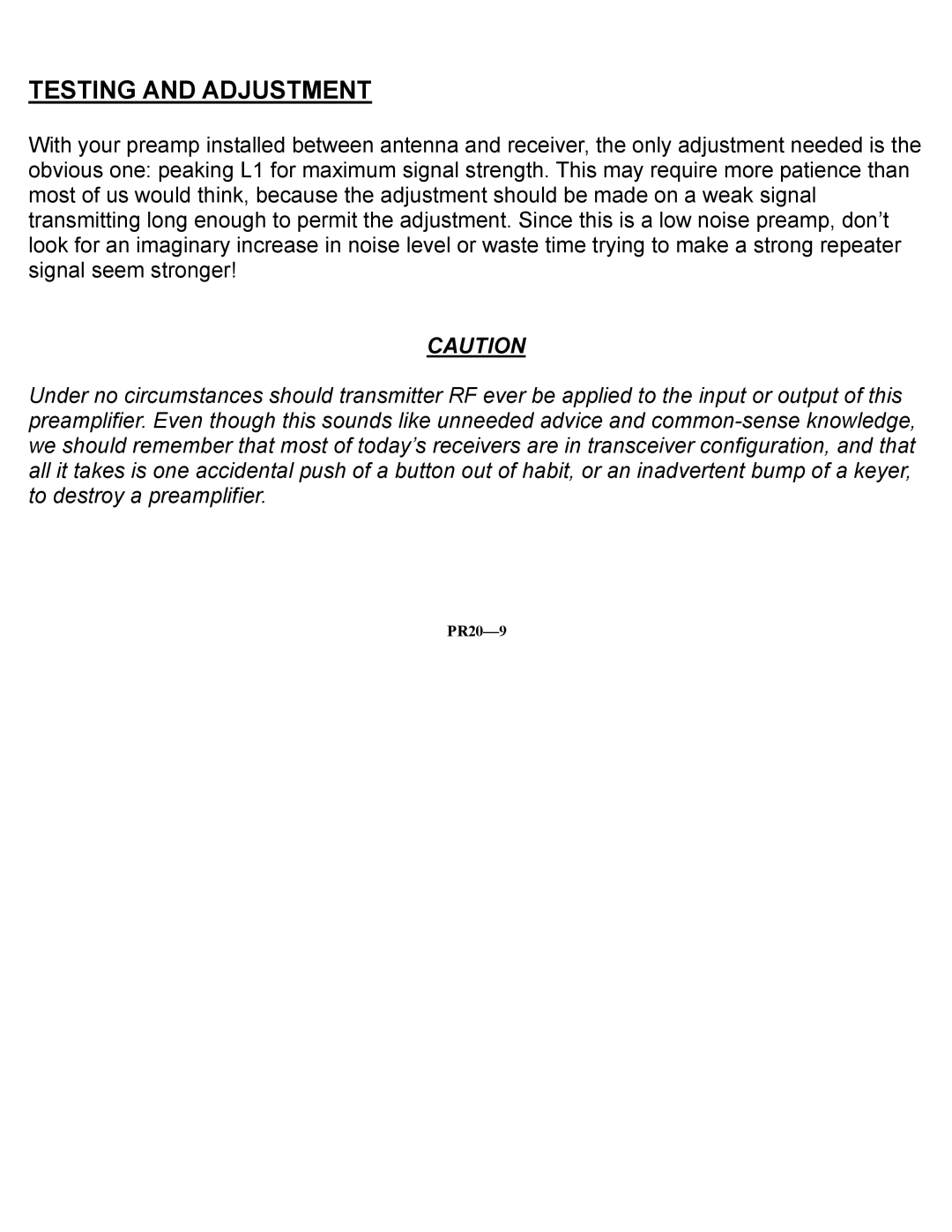 Ramsey Electronics PR20 manual Testing and Adjustment 