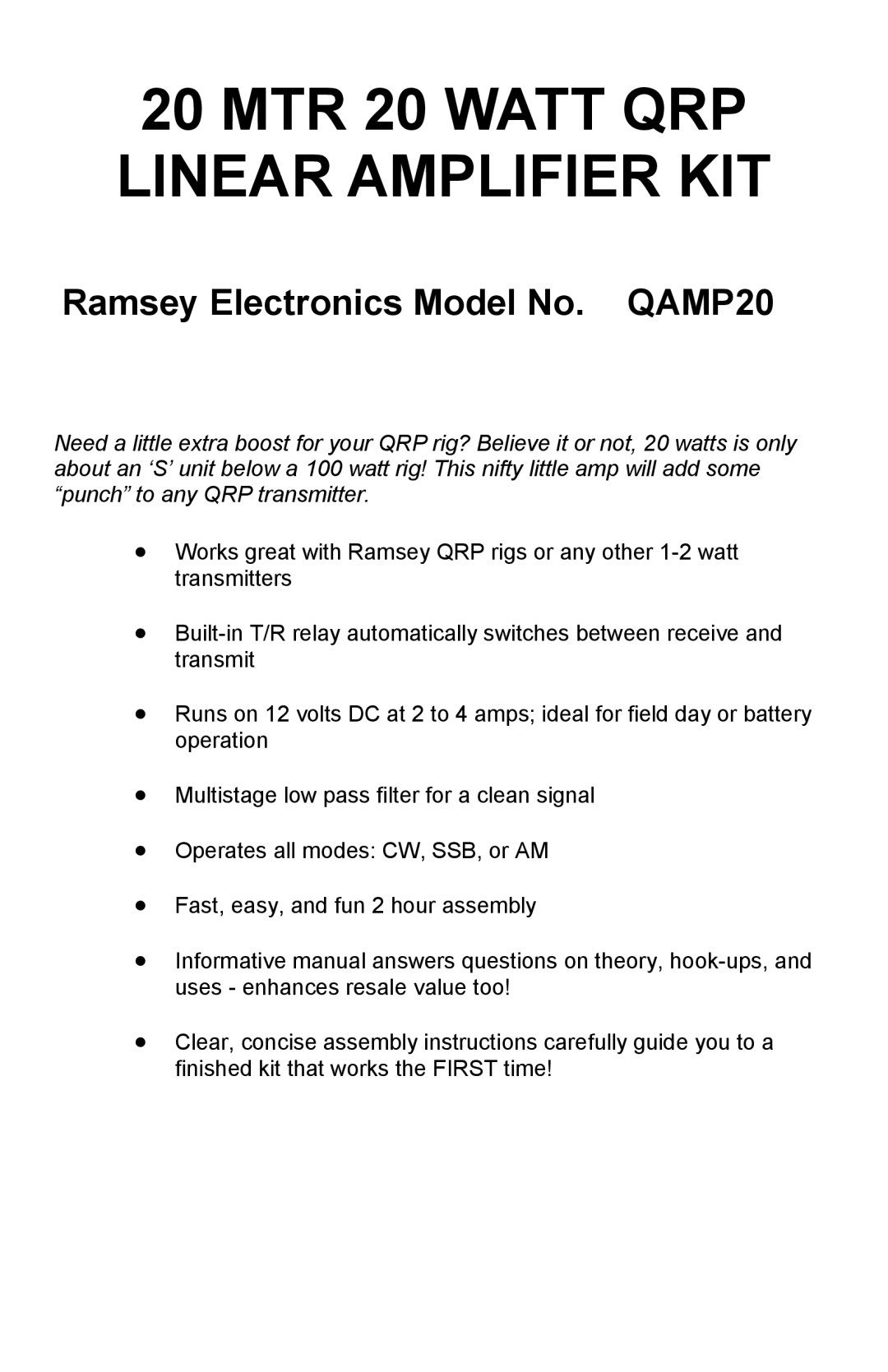 Ramsey Electronics QAMP20 manual MTR 20 Watt QRP Linear Amplifier KIT 