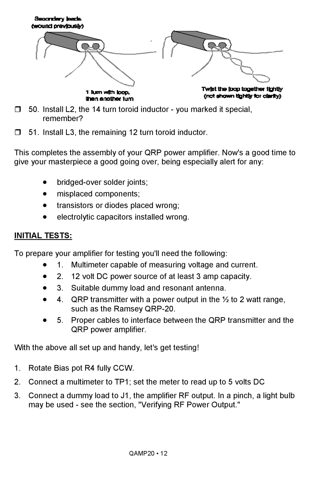 Ramsey Electronics QAMP20 manual Initial Tests 